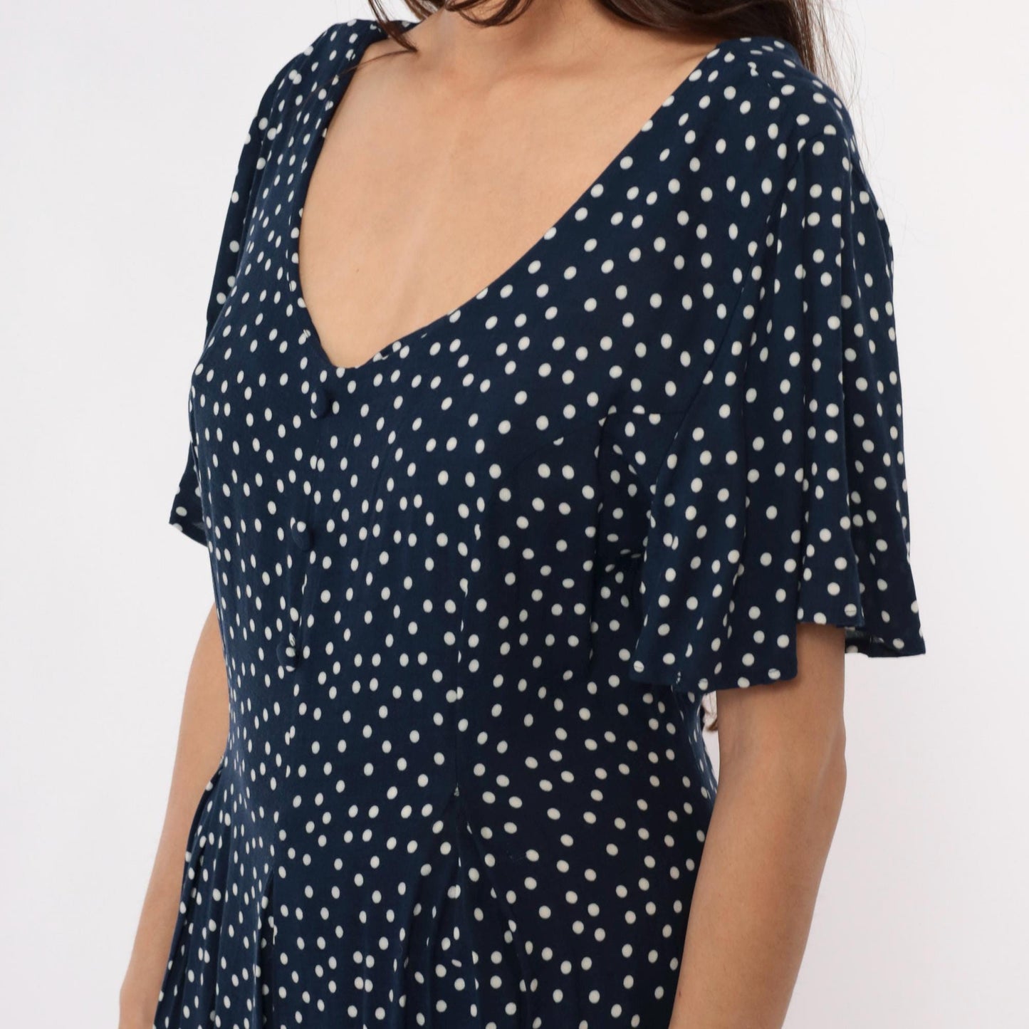 90s Navy Polka Dot Jumpsuit Wide Leg Rayon V-Neck Flutter Sleeve Large L