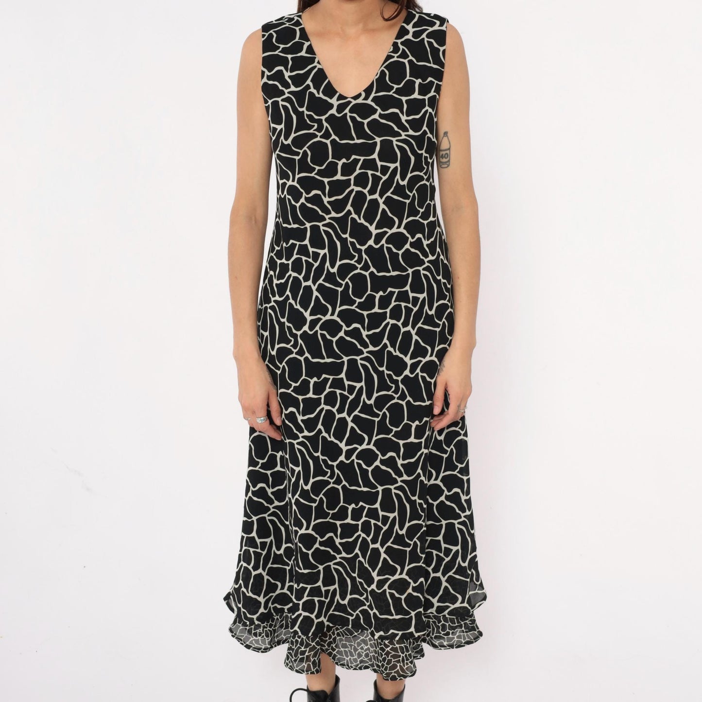 90s Jessica Howard Giraffe Print Maxi Dress Black White Sleeveless Medium