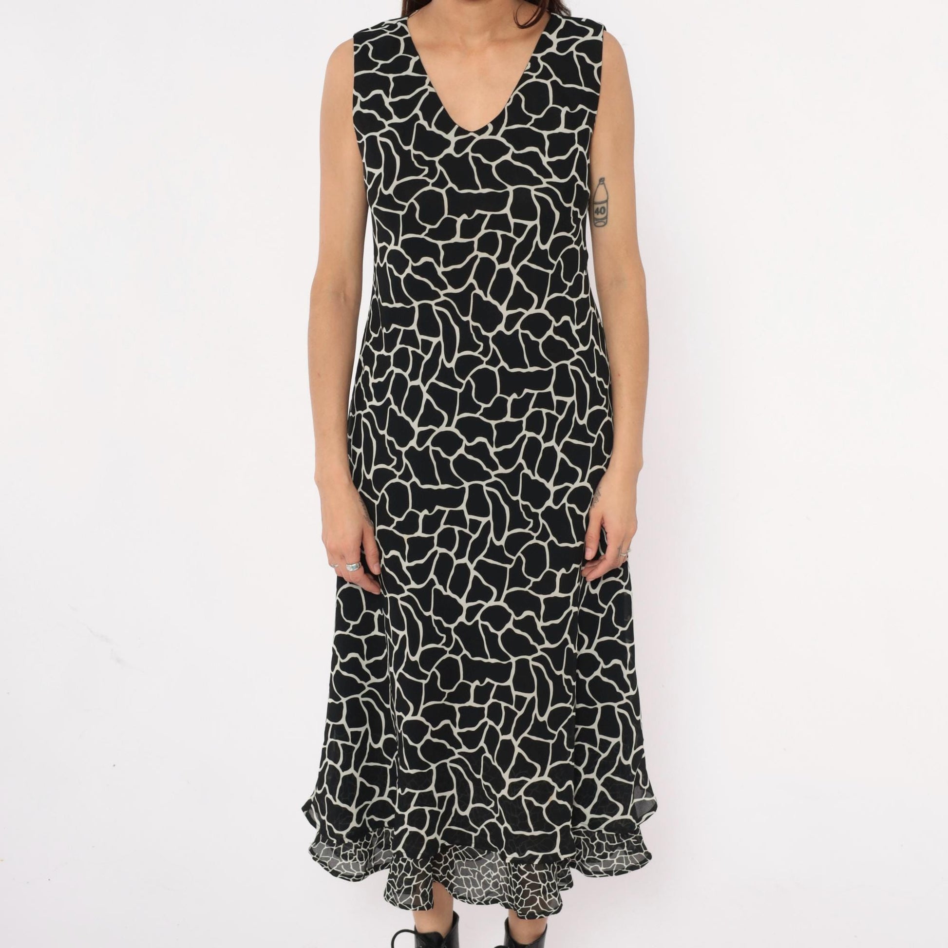 90s Jessica Howard Giraffe Print Maxi Dress Black White Sleeveless Medium