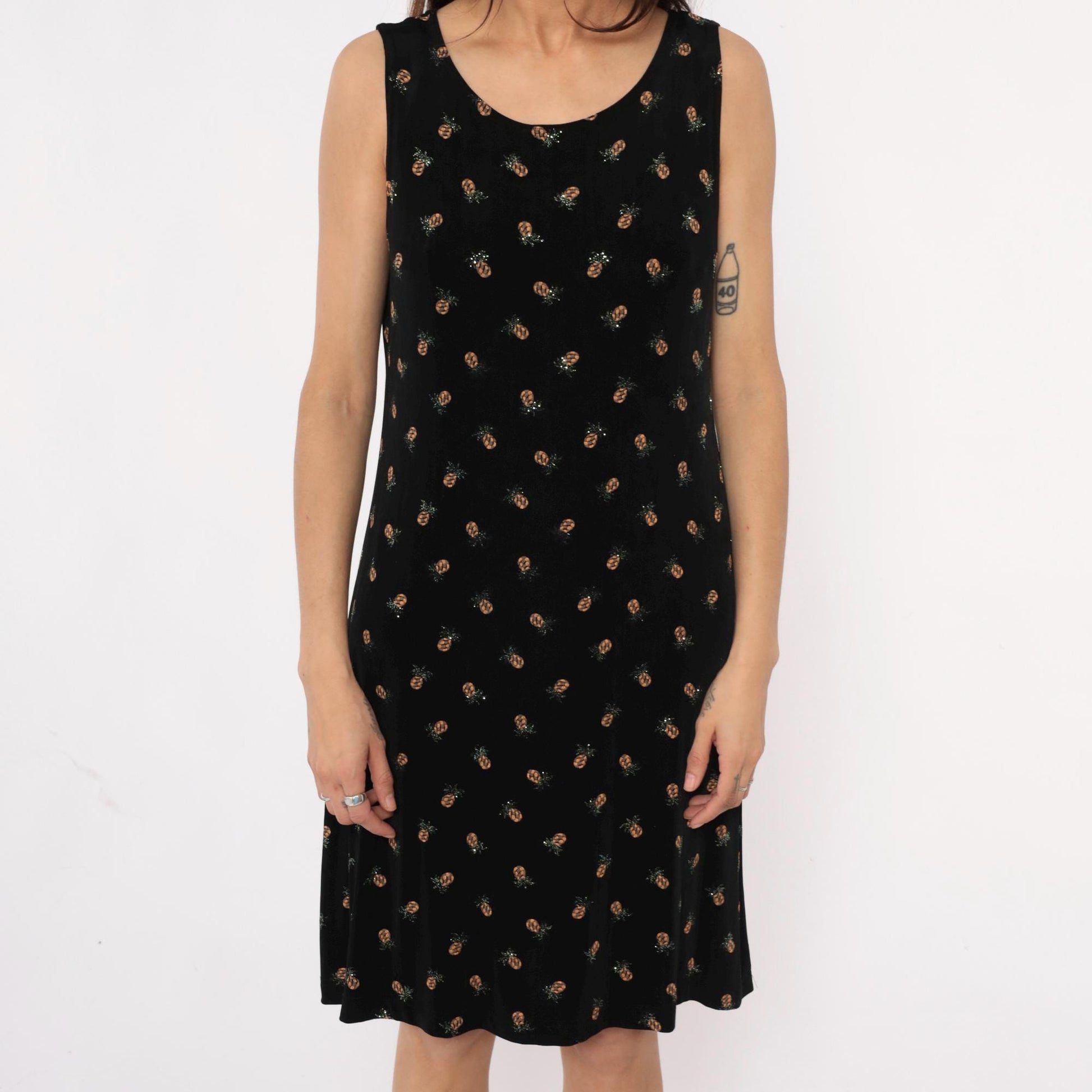 90s Ronni Nicole Pineapple Print Black Shift Dress Medium