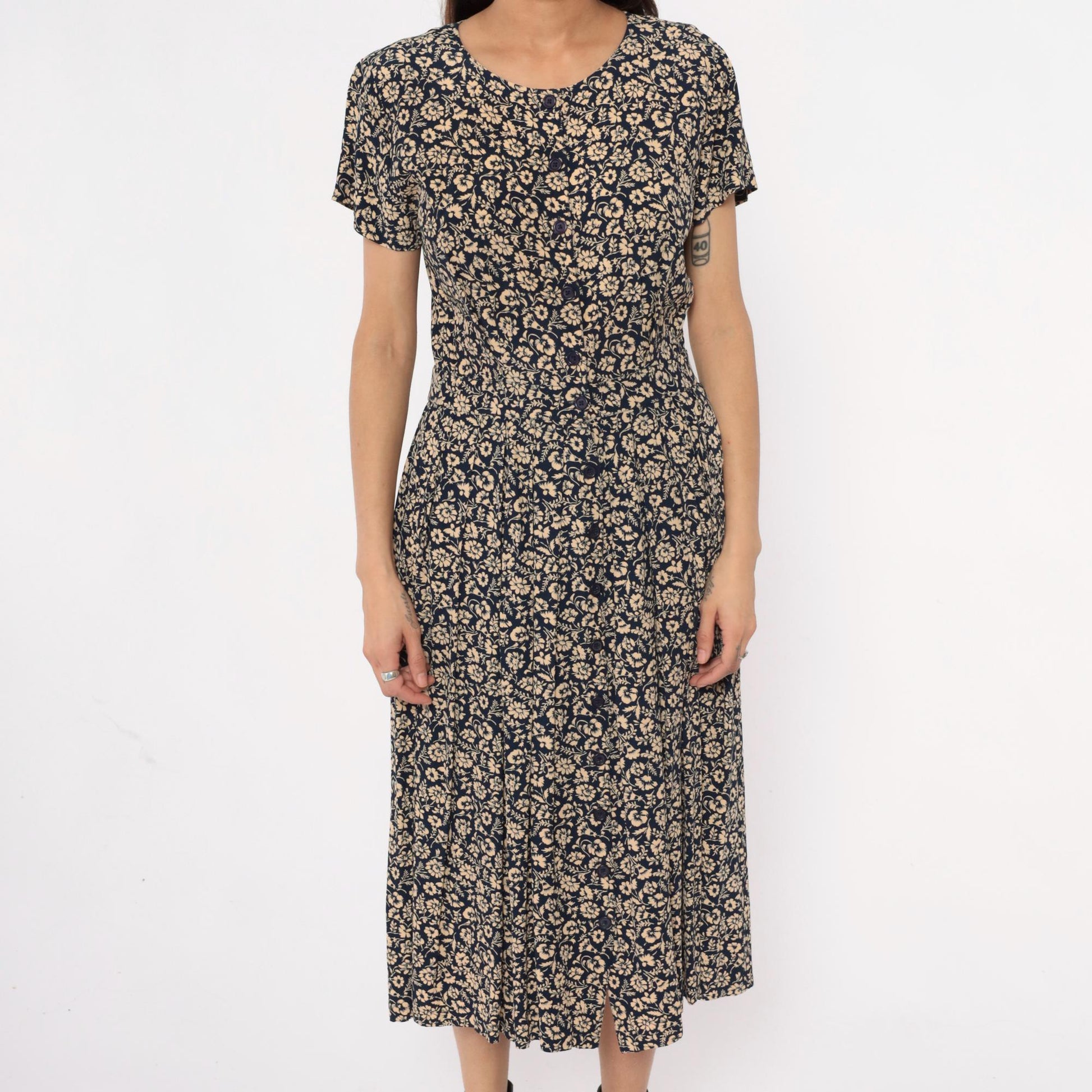 90s Liz Claiborne Floral Midi Dress Navy Cream Short Sleeve Medium