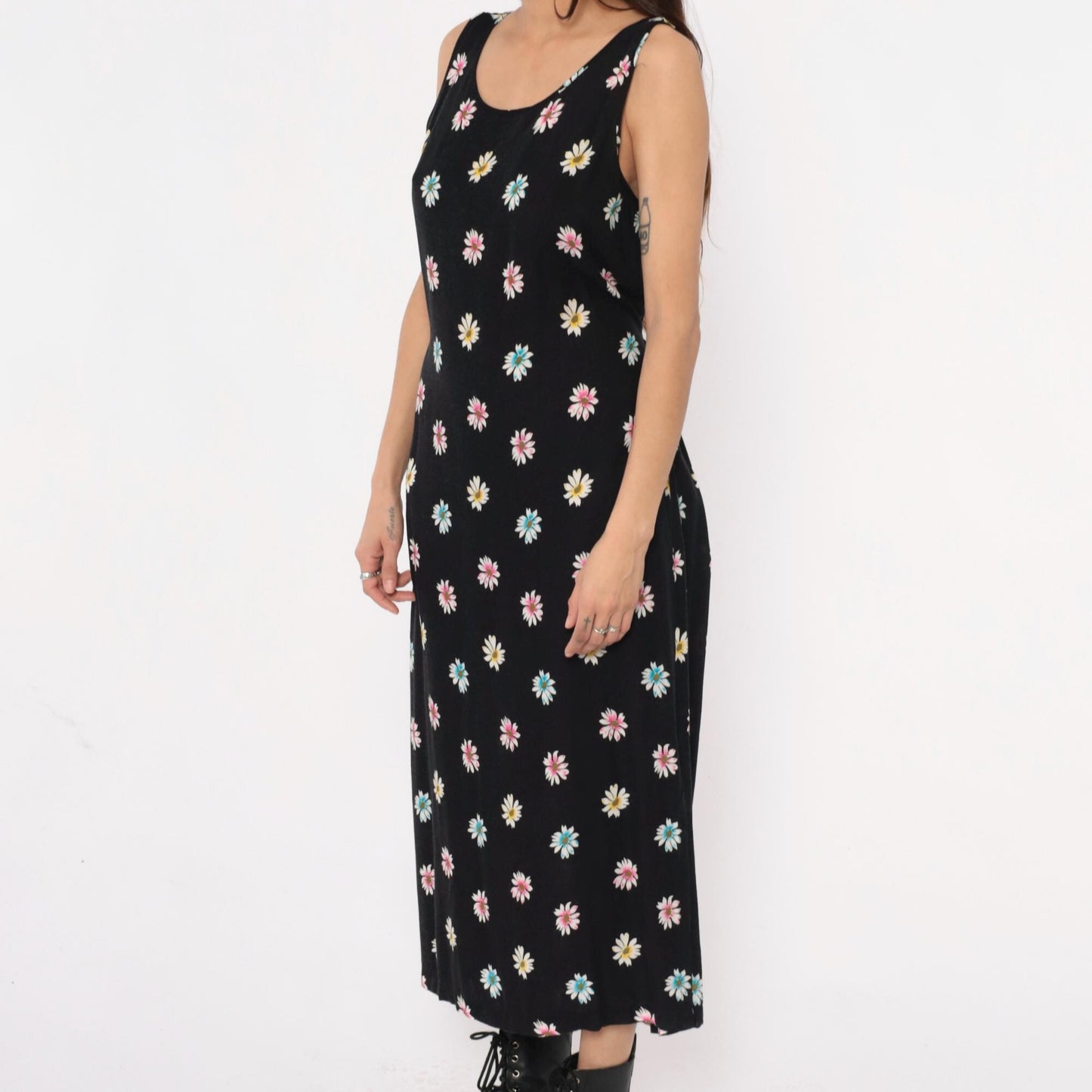 90s Daisy Print Maxi Dress Black Sleeveless Scoop Neck Large L