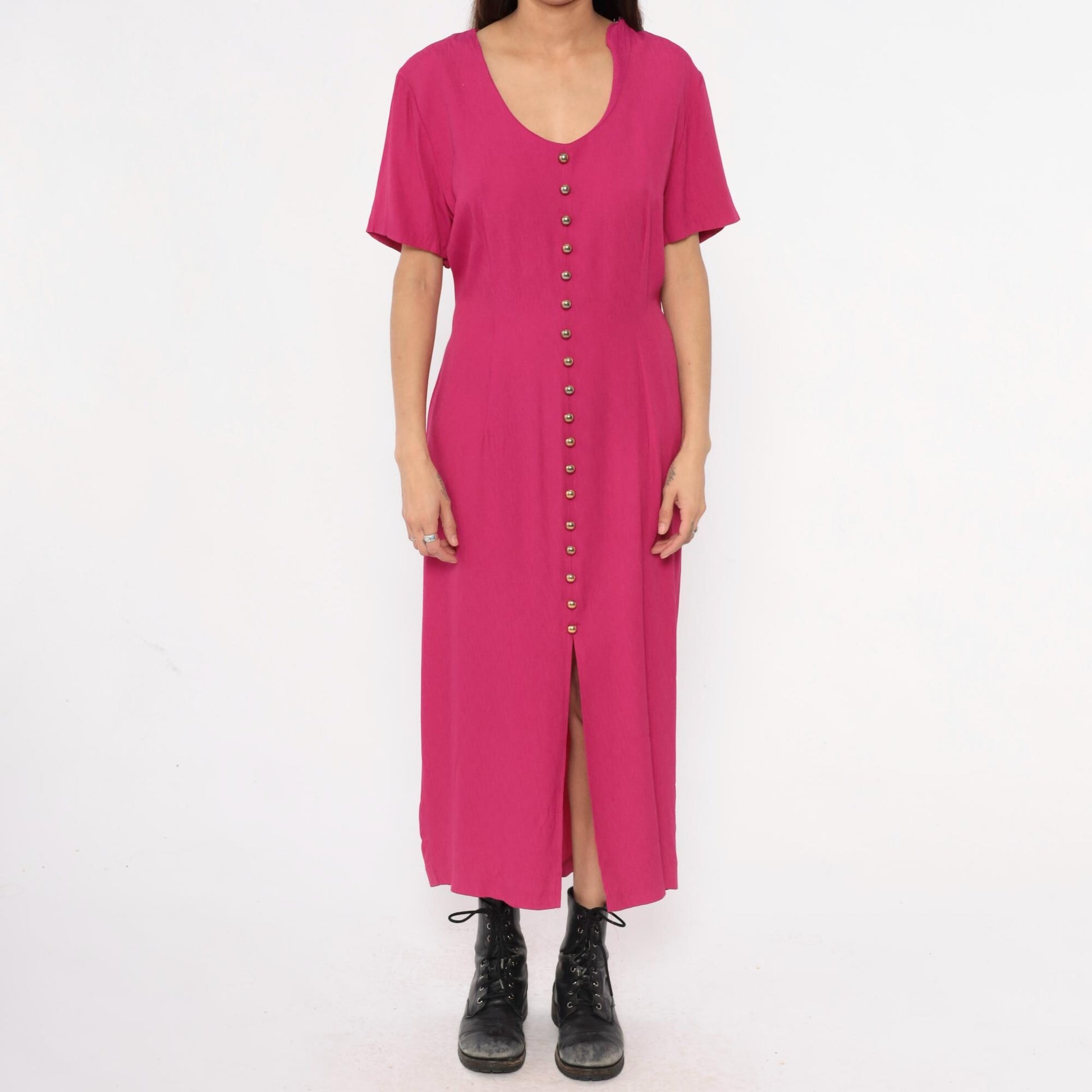 90s Nina Piccalino Hot Pink Maxi Dress V-Neck Button Front Large L