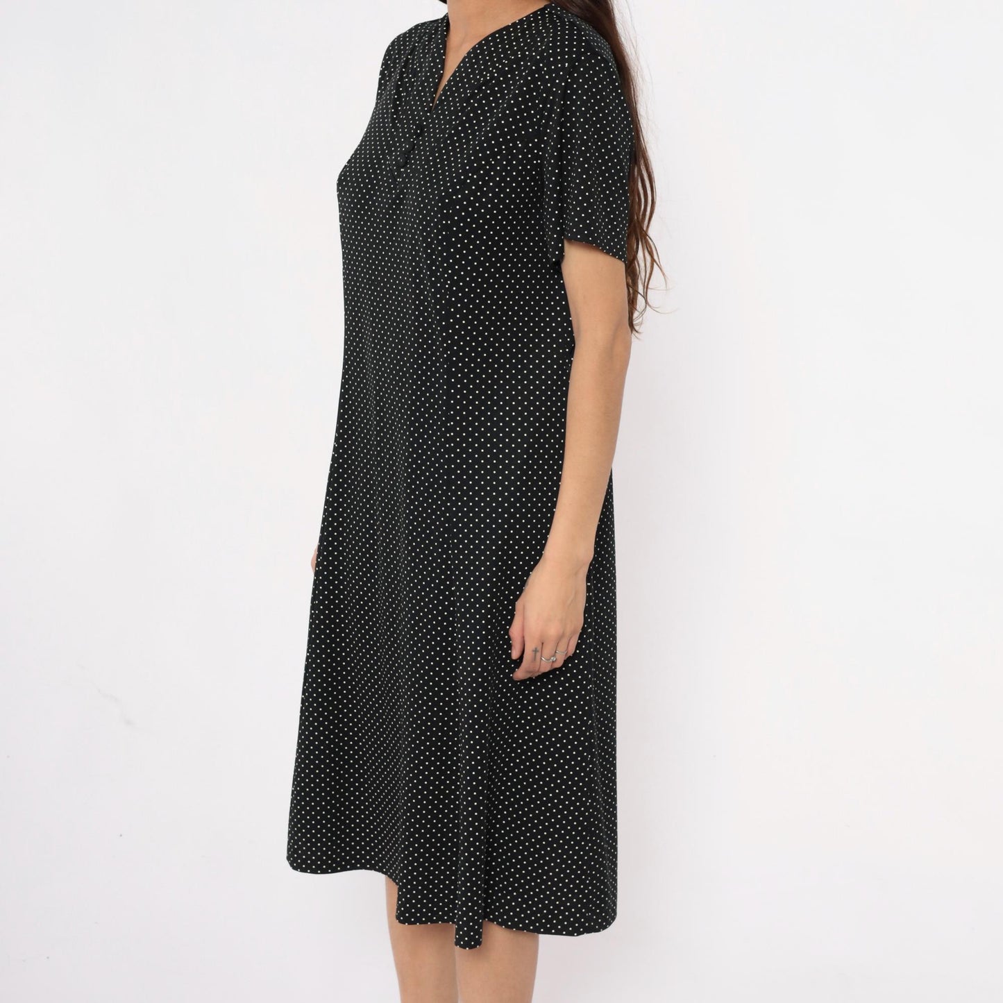 90s Black Polka Dot Midi Dress White V-Neck Short Sleeve Extra Large