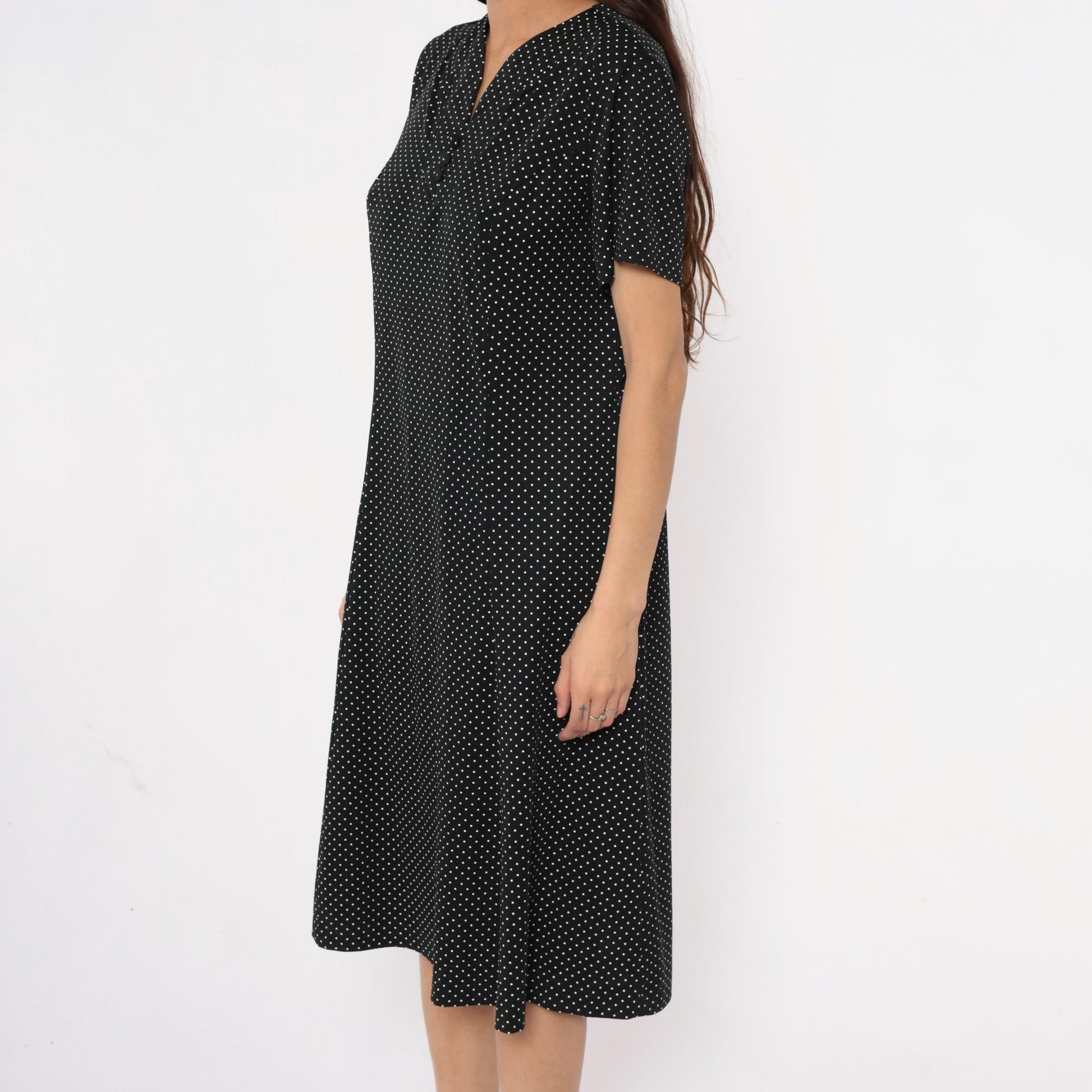 90s Black Polka Dot Midi Dress White V-Neck Short Sleeve Extra Large