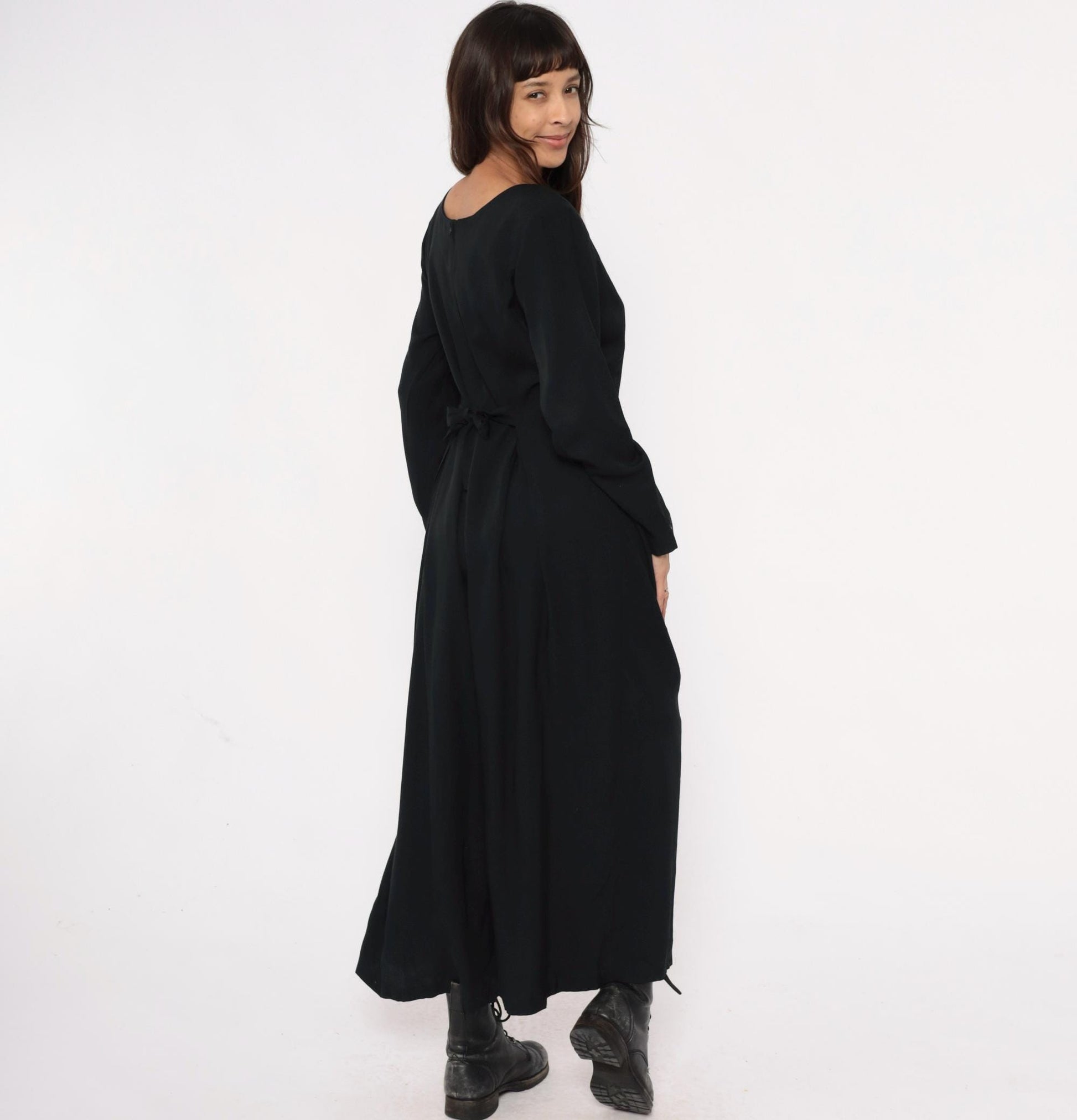 90s Express Black Wide-Leg Jumpsuit Tie Waist Long Sleeve Medium