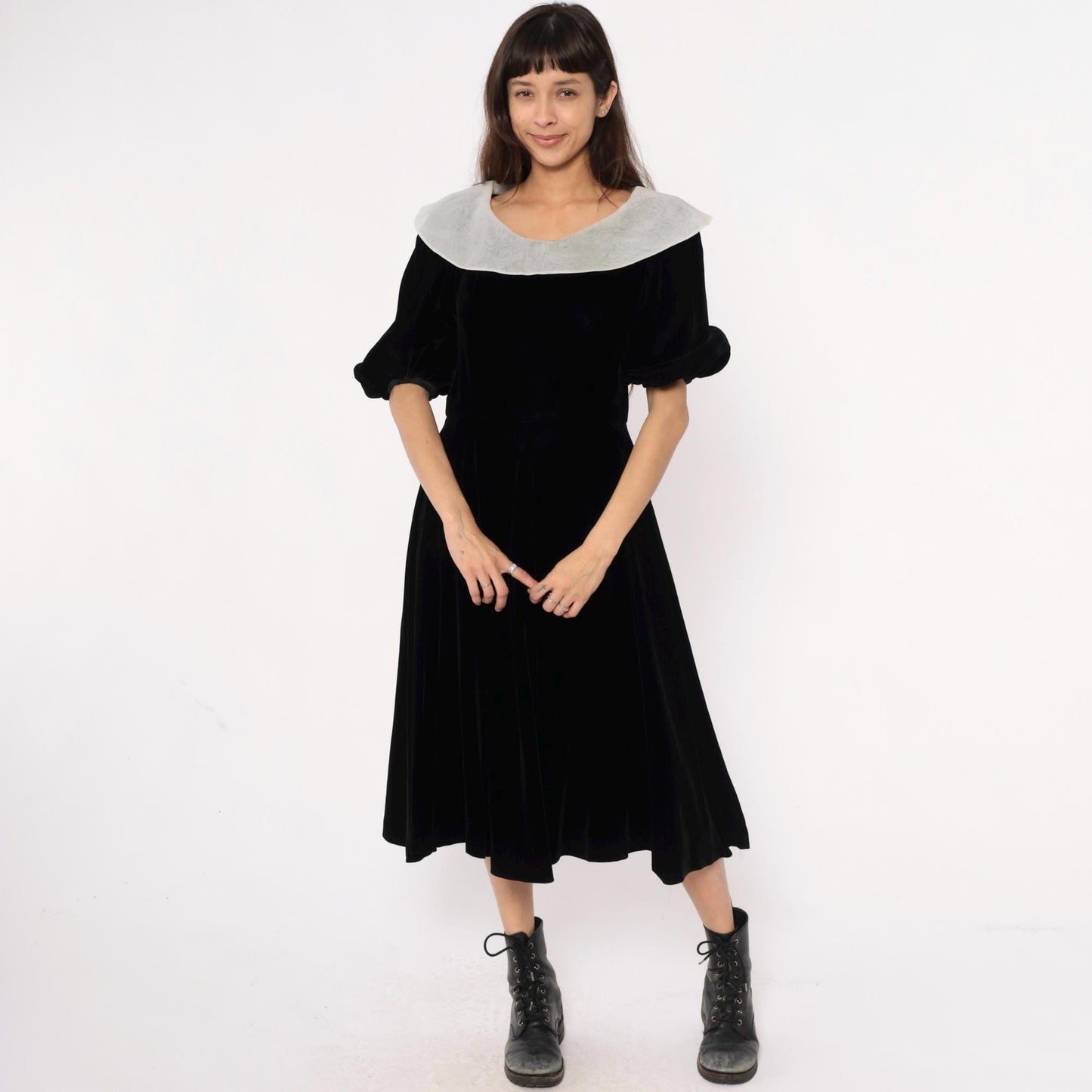 Y2K Yuki Torii Black Velvet Midi Dress White Peter Pan Collar Medium M
