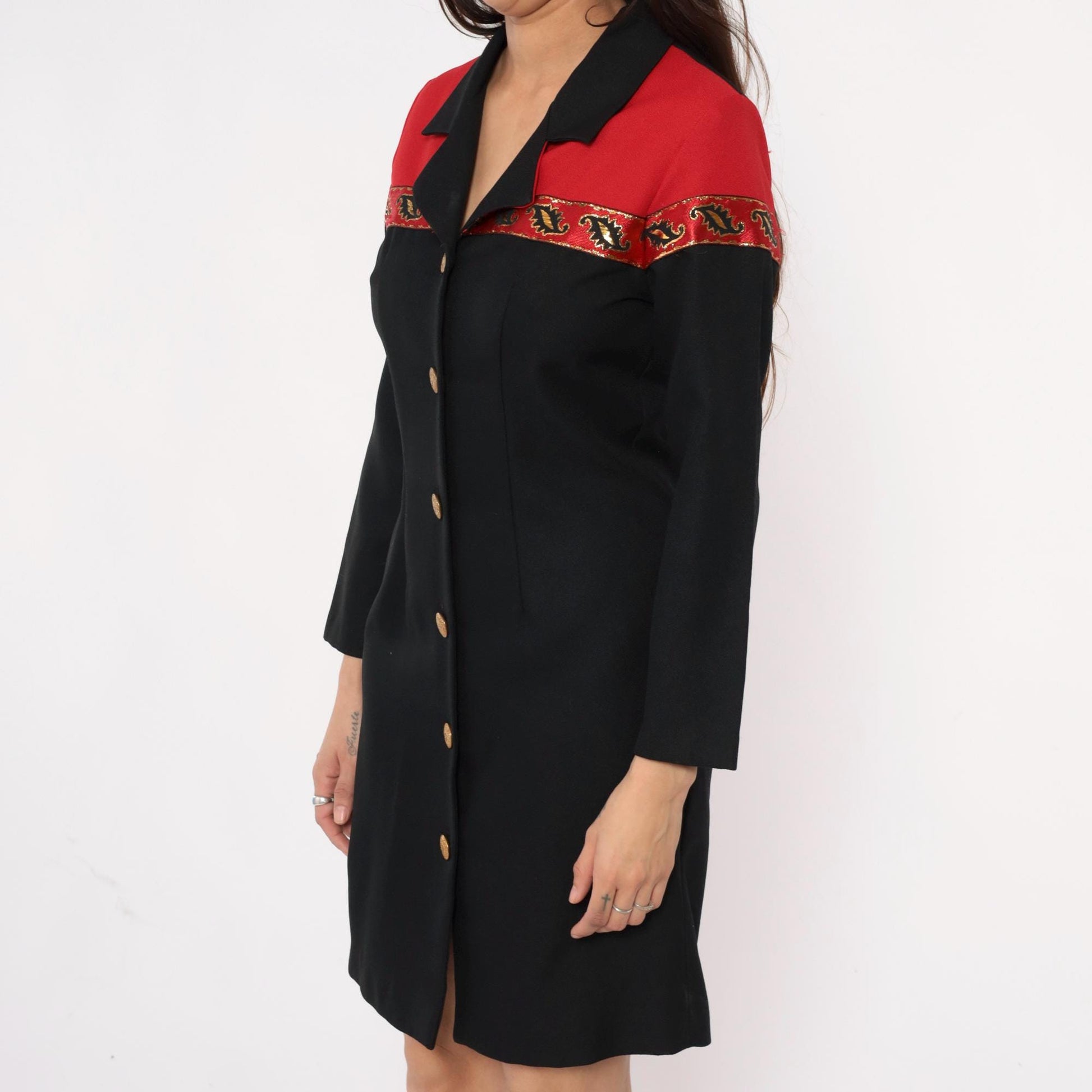 90s Willow Ridge Western Dress Black Red Color Block Gold Embroidered Small