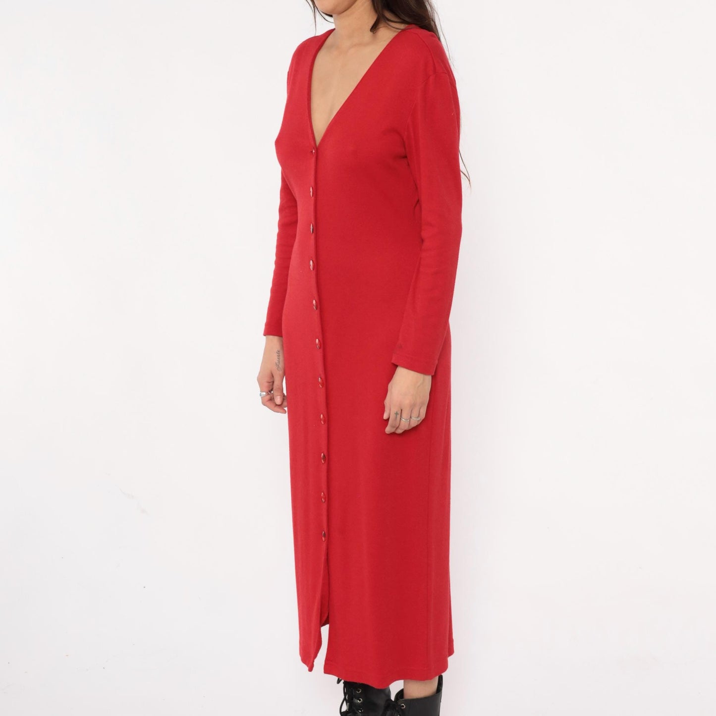 90s Moda Intl Black Maxi Dress Red Yoke Gold Buttons Medium