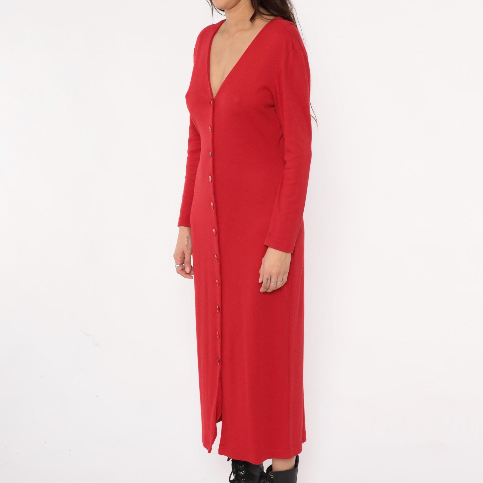 90s Moda Intl Black Maxi Dress Red Yoke Gold Buttons Medium