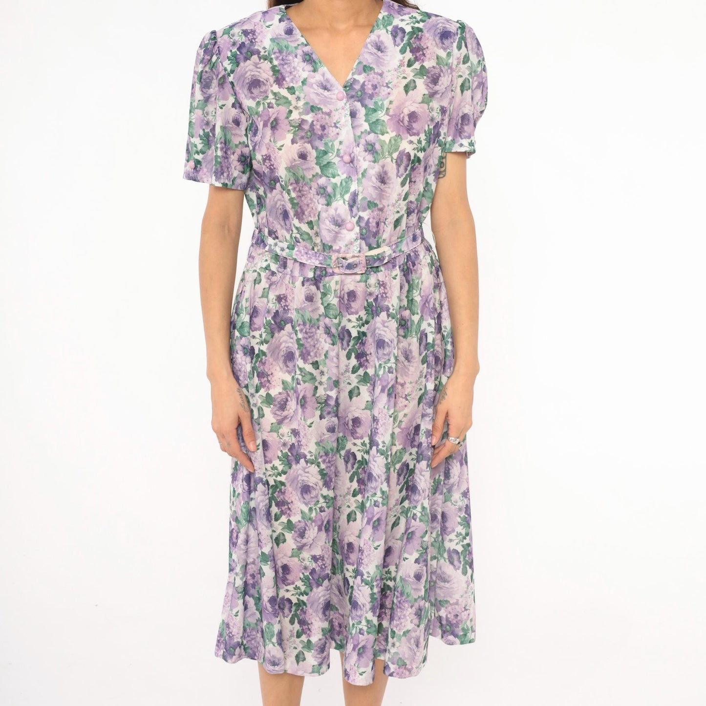 80s Anthony Richards Floral Midi Dress Purple Lavender Rose Puff Sleeve Large L