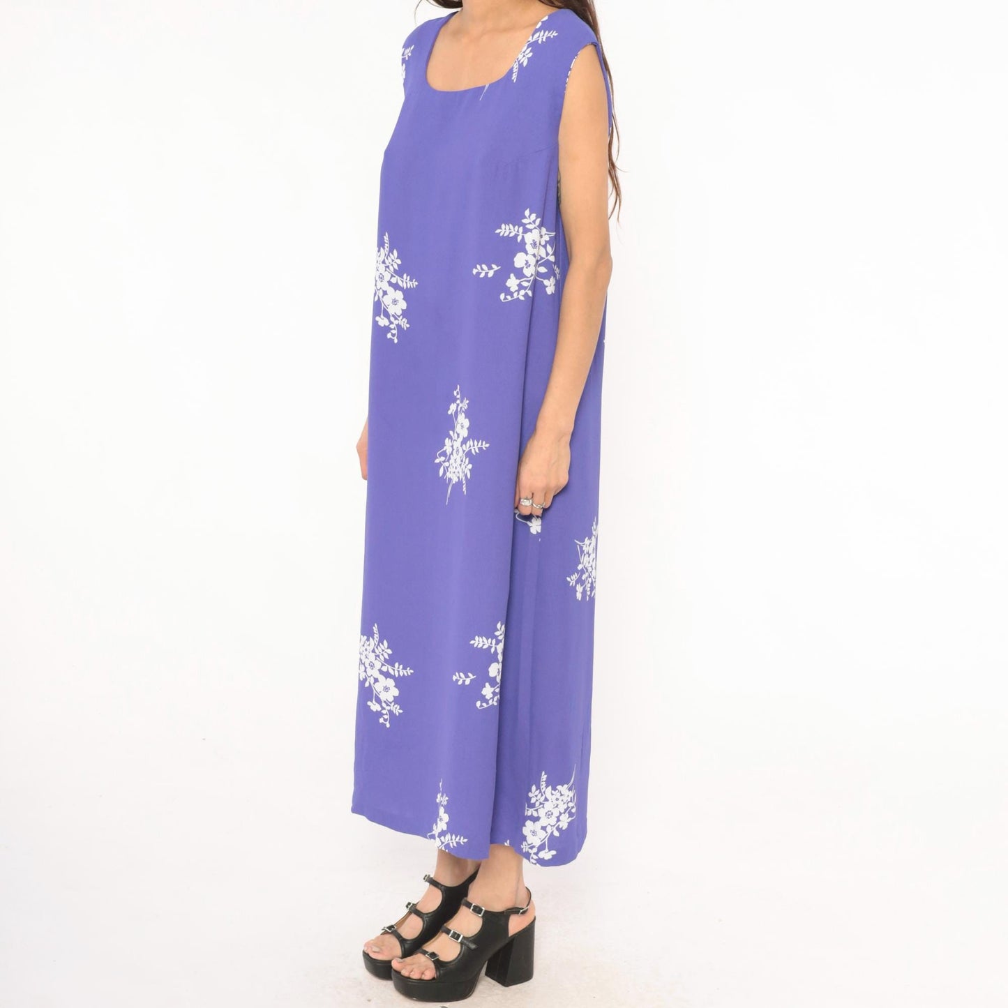 90s Periwinkle Floral Maxi Dress Sleeveless White Embroidered A-Line Extra Large XXL