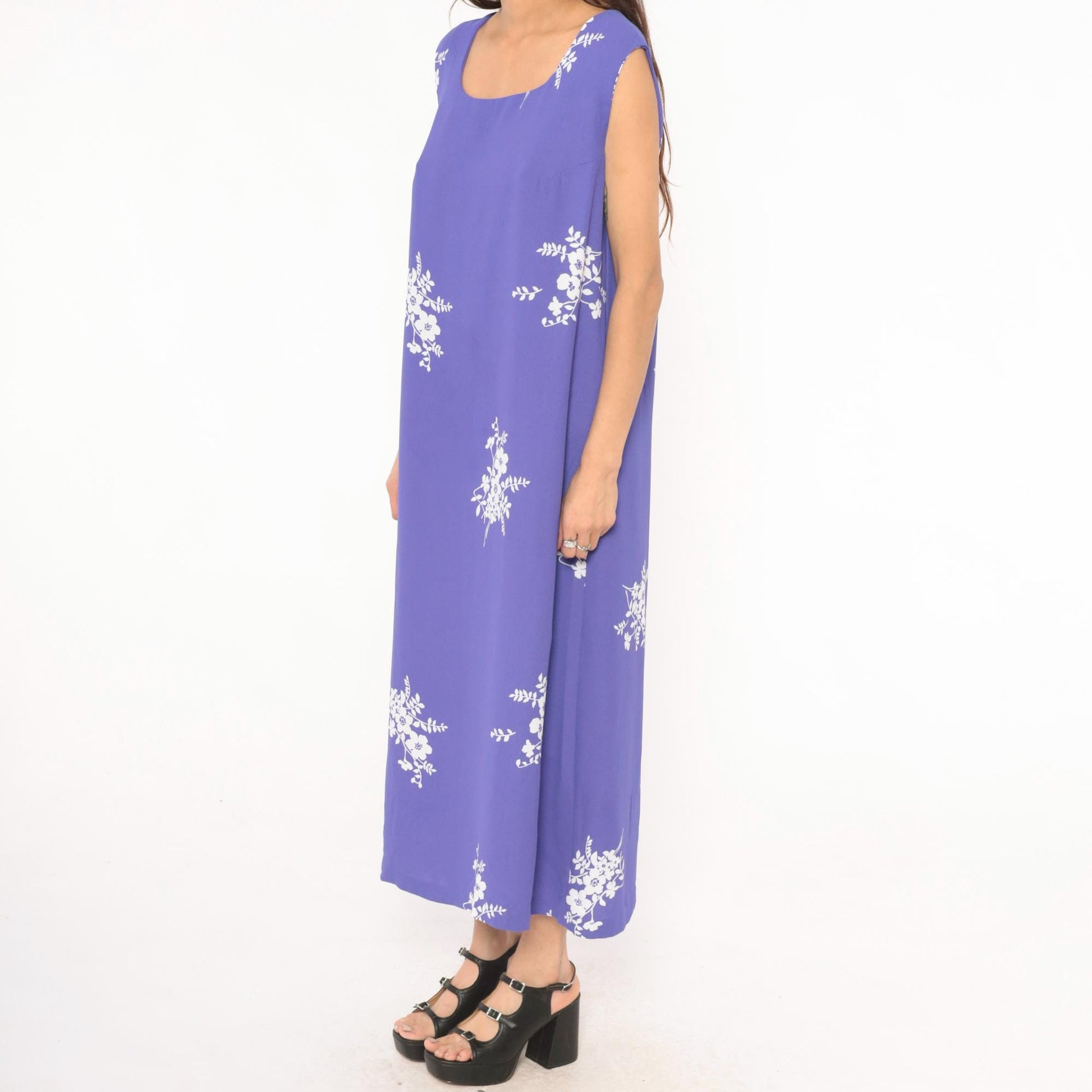 90s Periwinkle Floral Maxi Dress Sleeveless White Embroidered A-Line Extra Large XXL