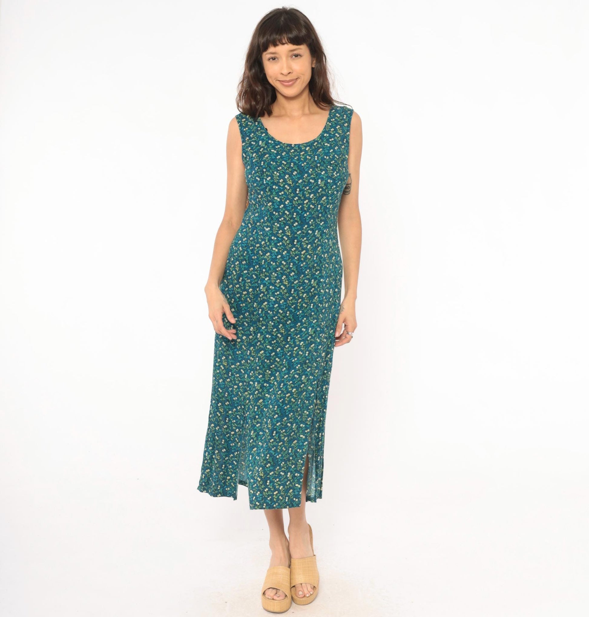 90s TR Bentley Floral Midi Dress Teal Sleeveless Scoop Neck Medium M