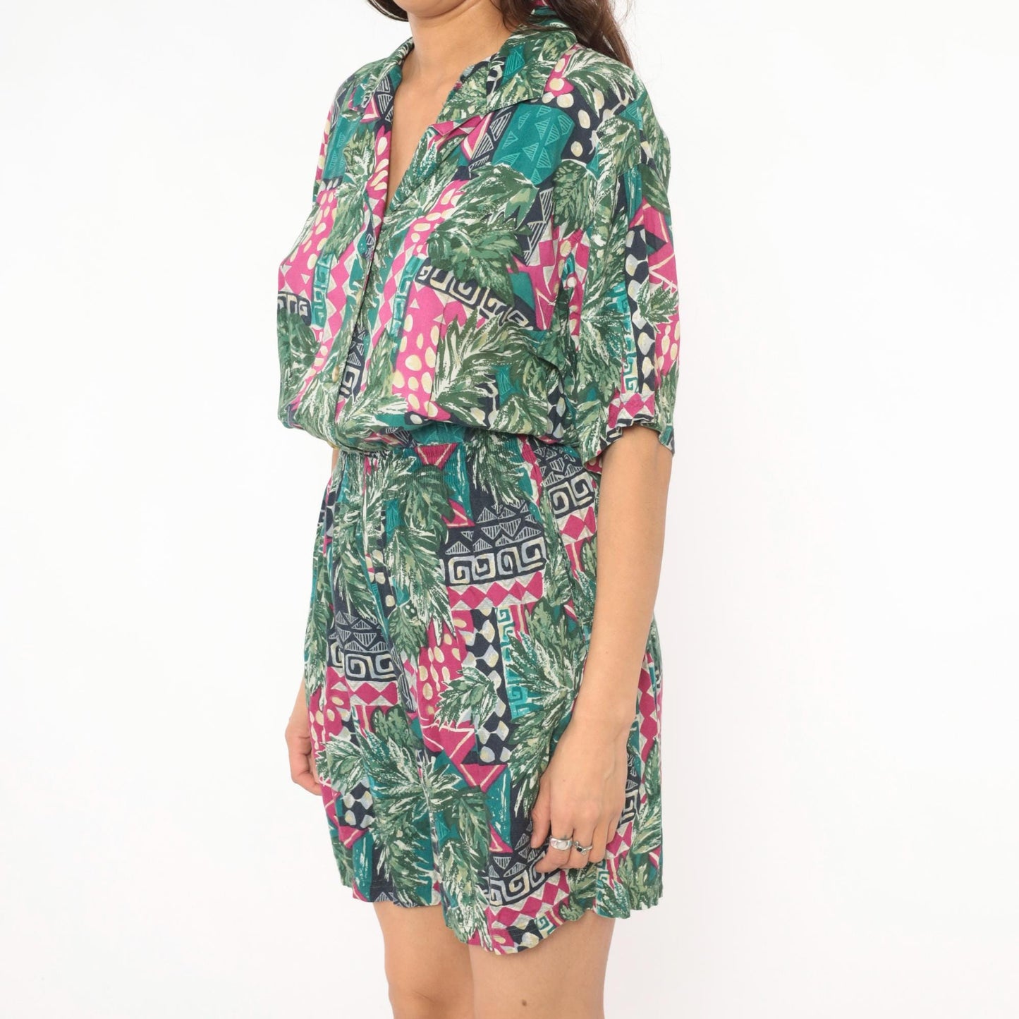 80s C.A. Sport Tropical Romper Green Magenta Leaf Print Button Front Small