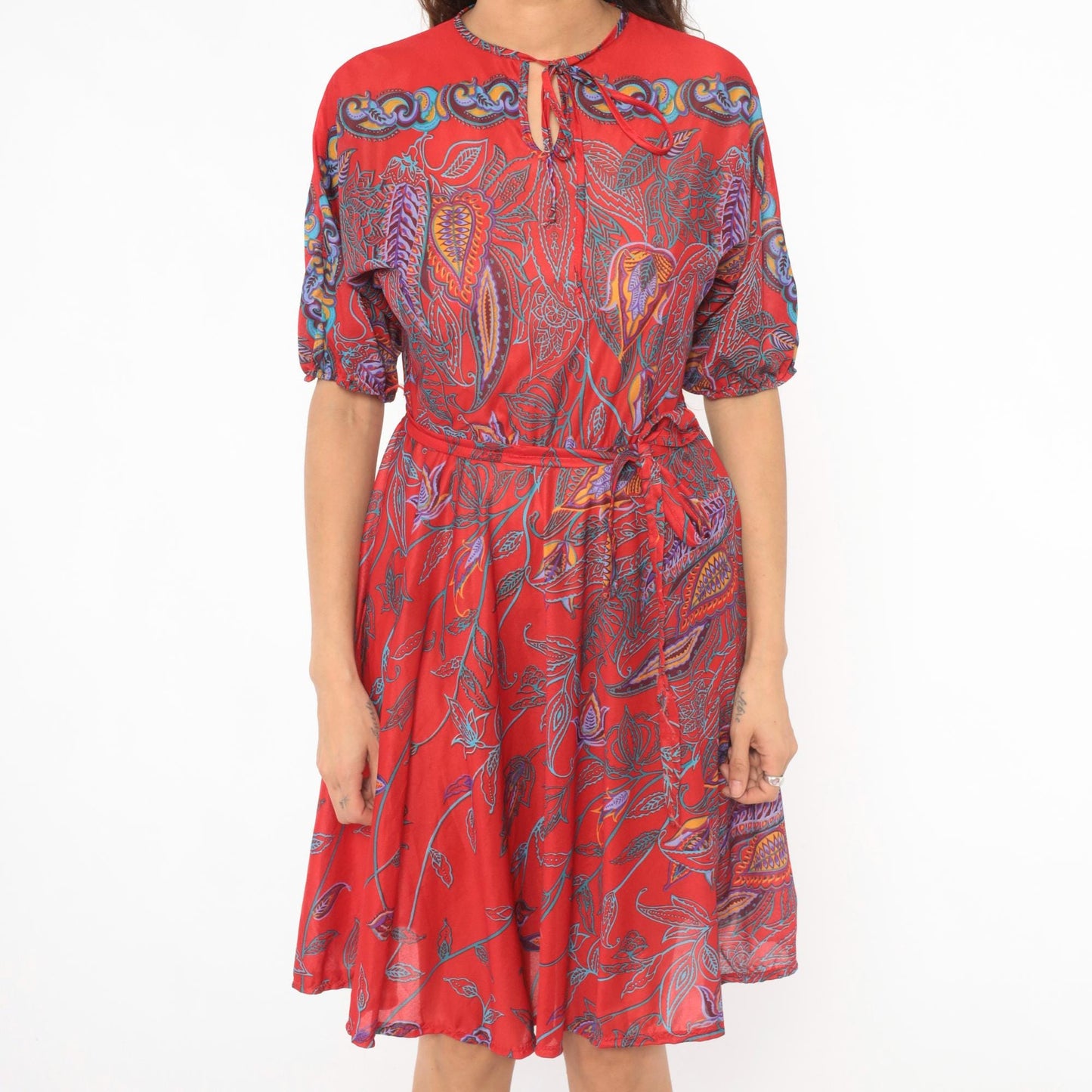 80s NPC Fashions Red Paisley Botanical Tie Neck Dress Knee Length Small Medium