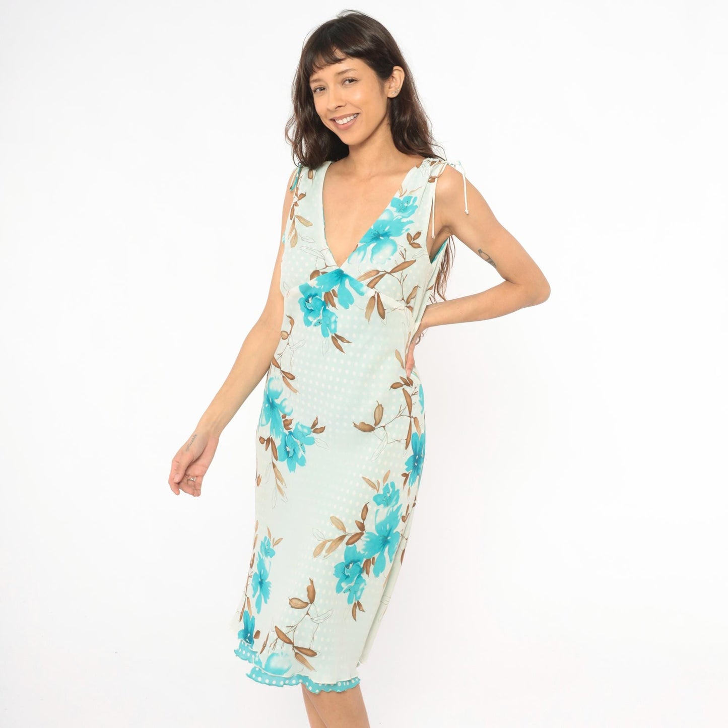 Y2K Reversible Floral Polka Dot Chiffon Dress Turquoise Cream V Neck Tie Shoulder Midi Medium M