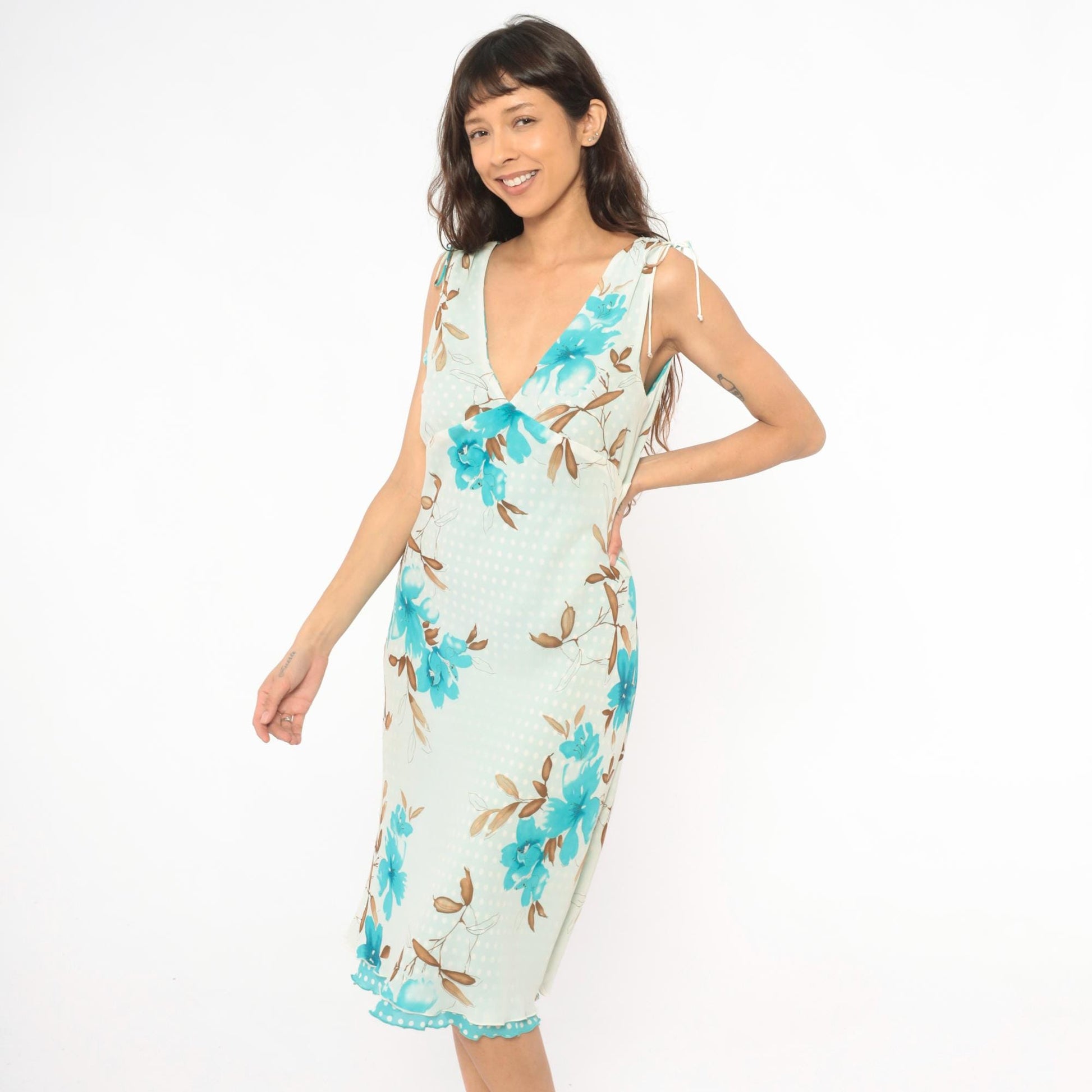 Y2K Reversible Floral Polka Dot Chiffon Dress Turquoise Cream V Neck Tie Shoulder Midi Medium M