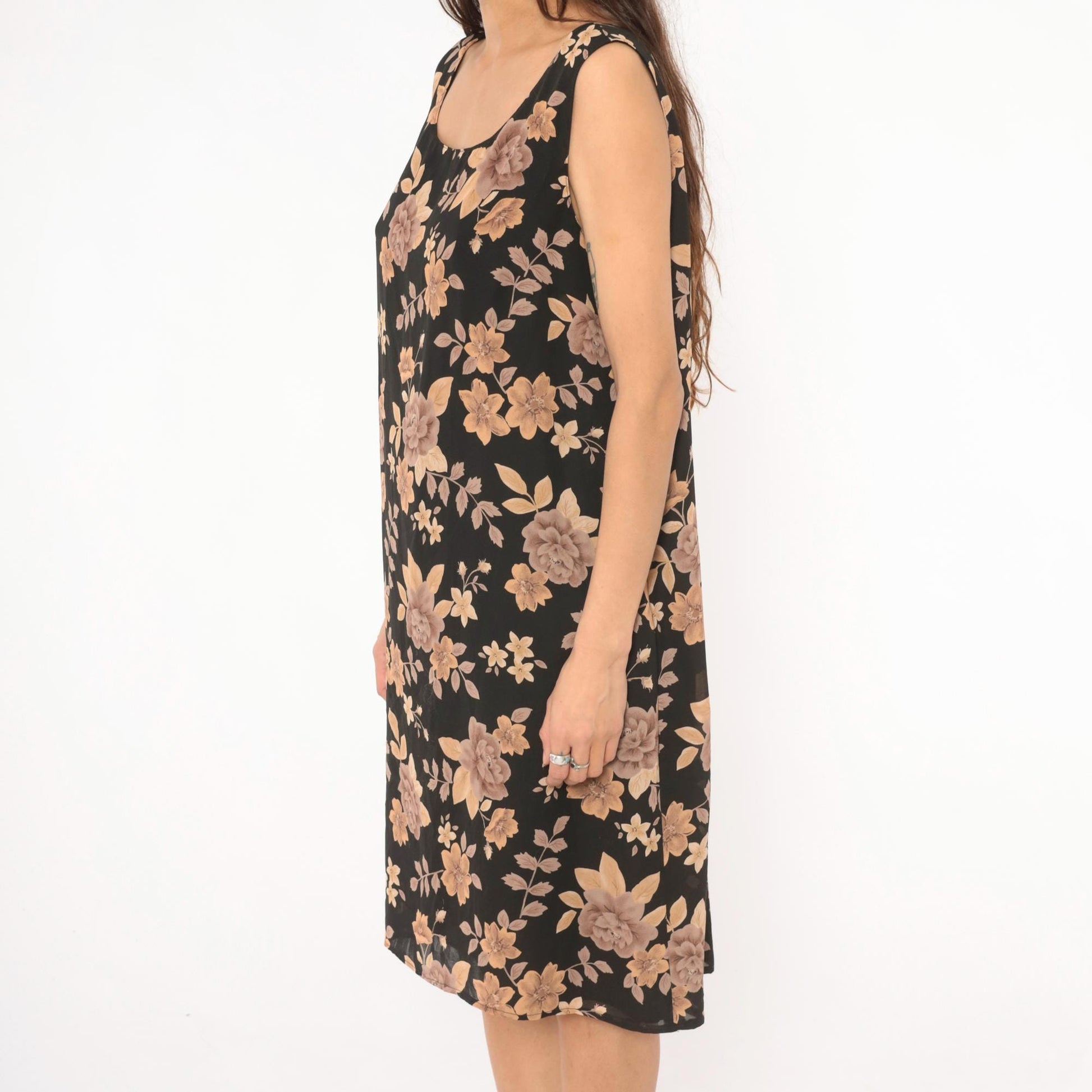 90s Laura Scott Floral Tank Dress Black Tan Rose Print Knee Length Extra Large XL