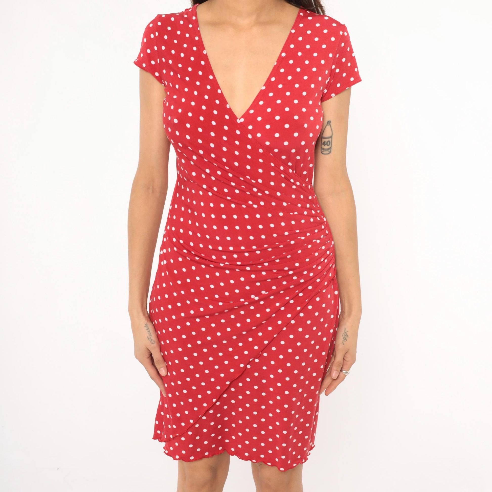 2000s Joseph Ribknoff Red Polka Dot Wrap Dress V Neck Cap Sleeve Small S