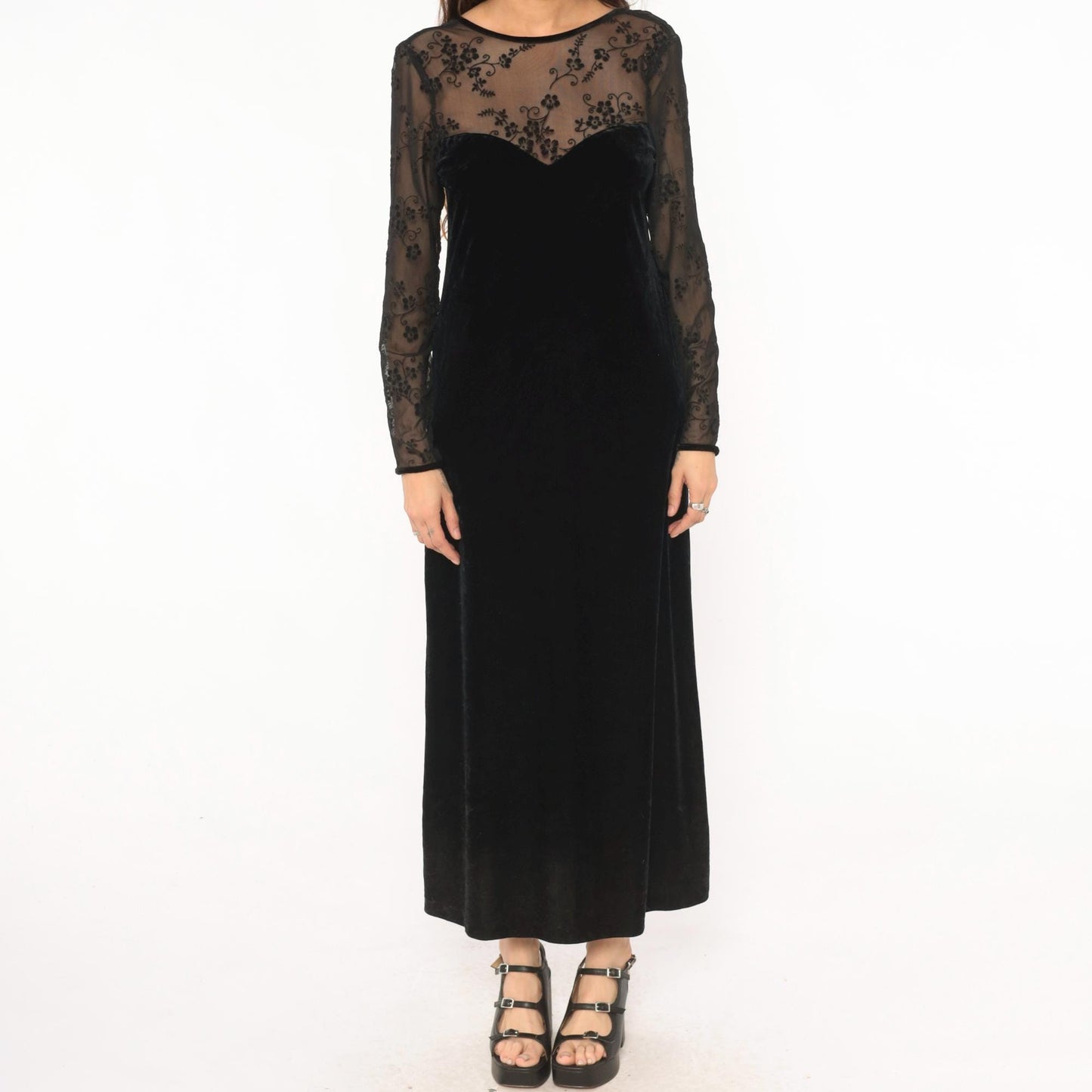 90s Kathie Lee Black Velvet Maxi Dress Embroidered Mesh Sweetheart V Back Small