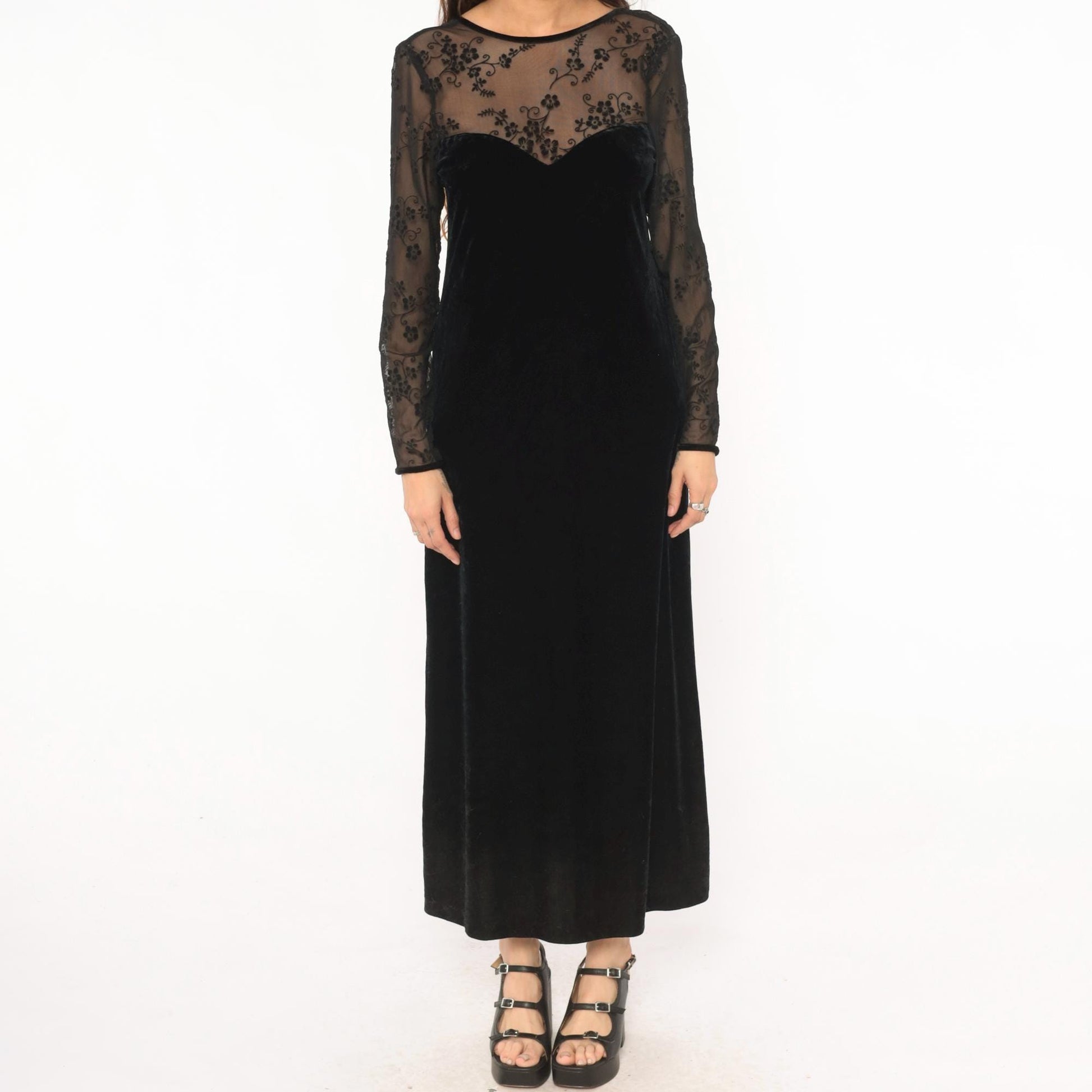 90s Kathie Lee Black Velvet Maxi Dress Embroidered Mesh Sweetheart V Back Small