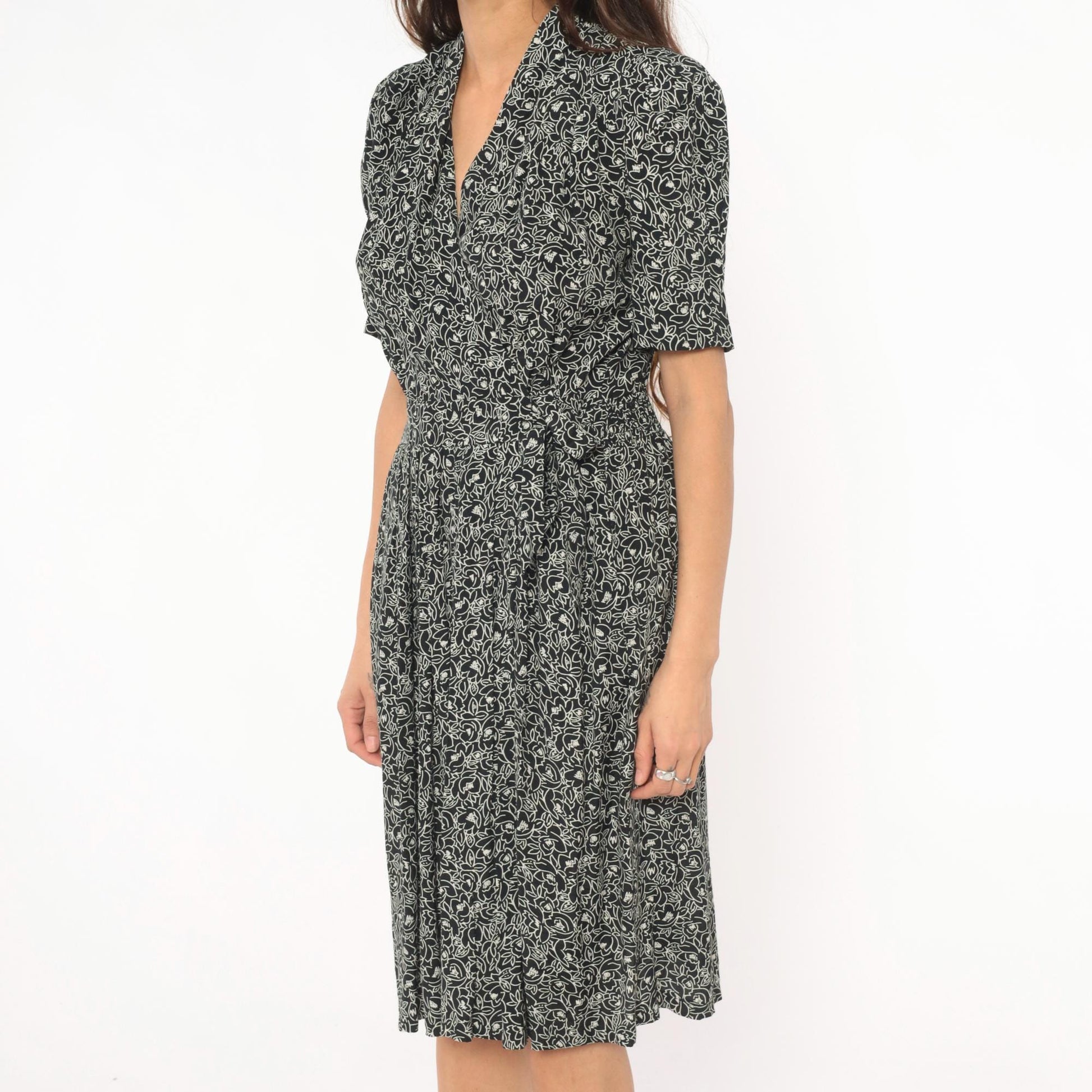 90s Karin Stevens Floral Wrap Dress Black Cream Puff Sleeve Small
