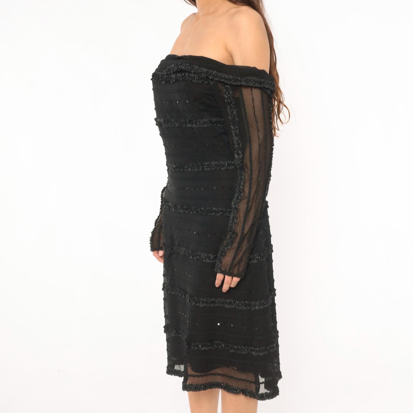 90s Tadashi Off-Shoulder Beaded Cocktail Dress Black Mesh Knee-Length Large L