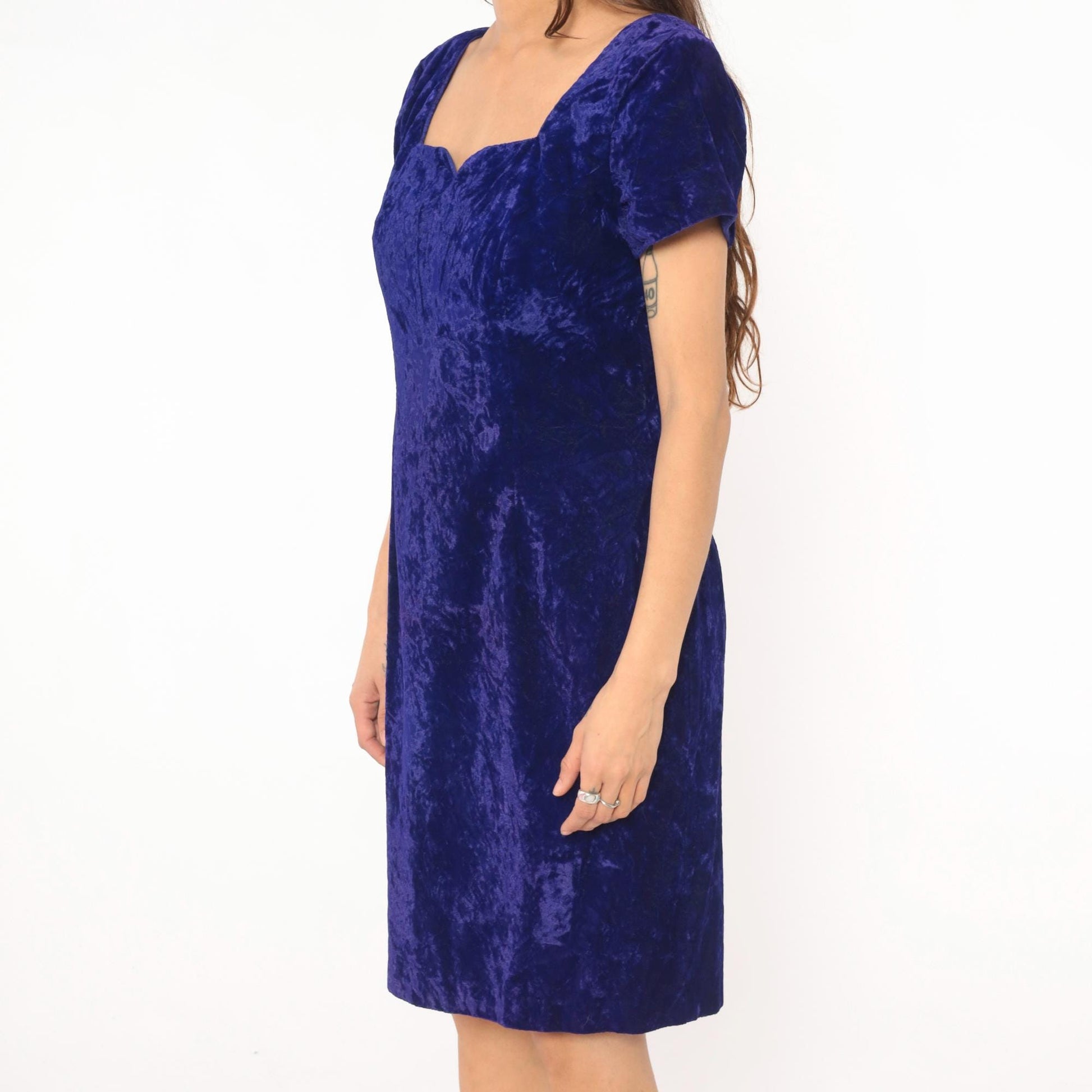 90s Late Edition Purple Crushed Velvet Dress Sweetheart Neckline Knee-Length Medium M