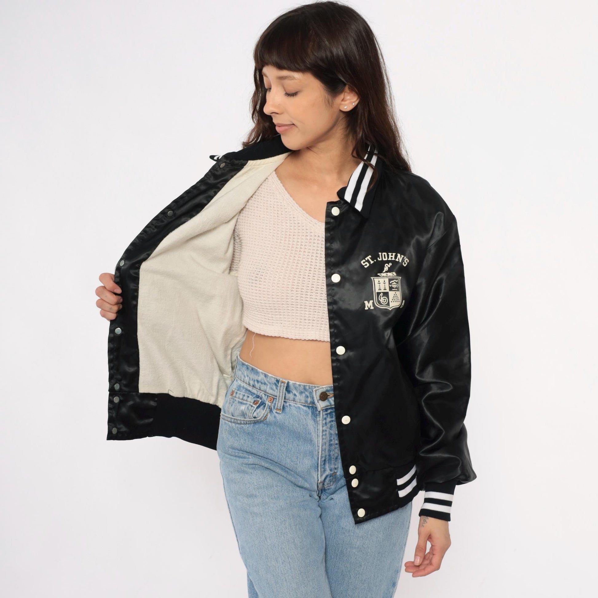 80s Black Satin Varsity Jacket Silver Rifles Drill Team Embroidered Medium