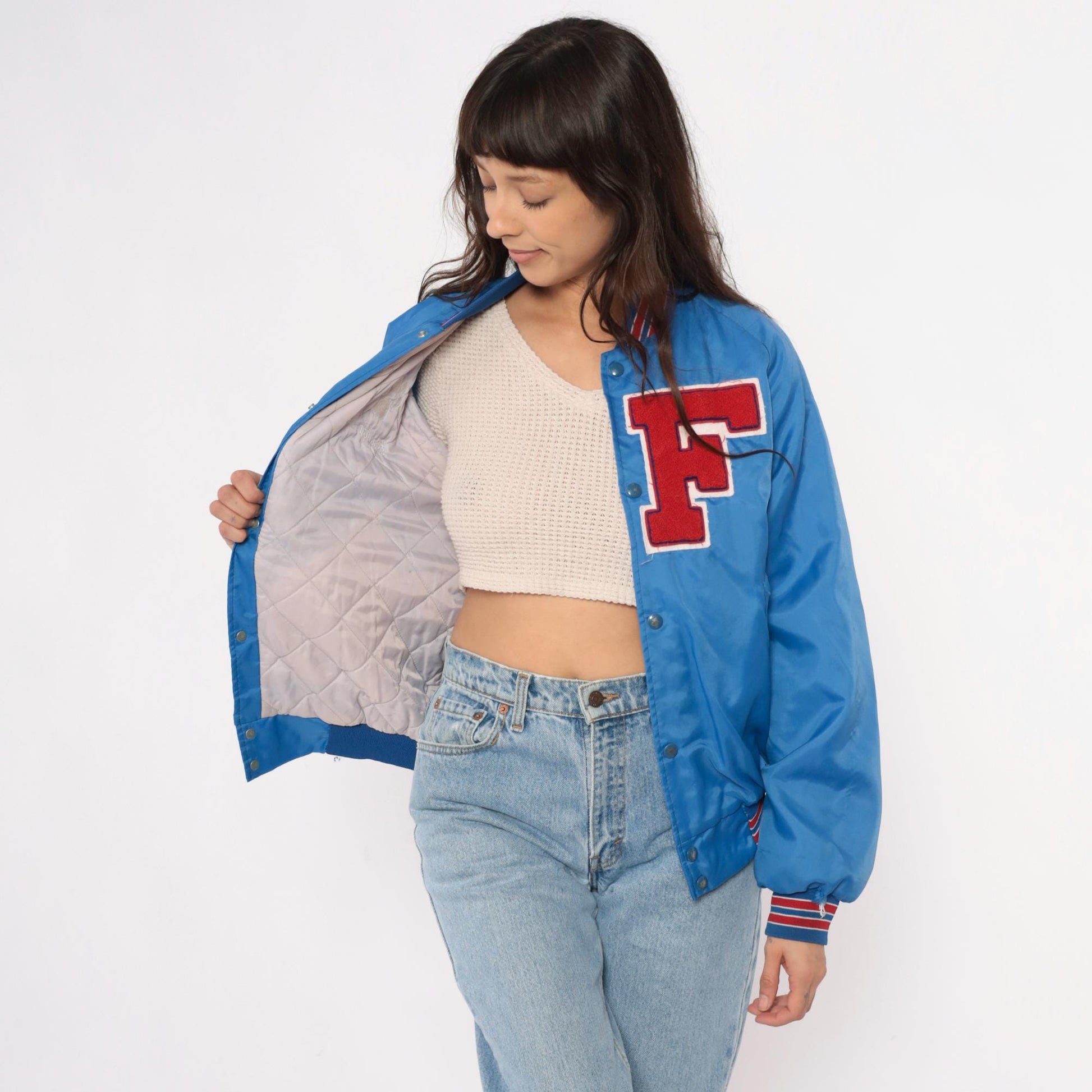 90s Franklin Varsity Jacket Blue Nylon Bomber Snap Front Small S