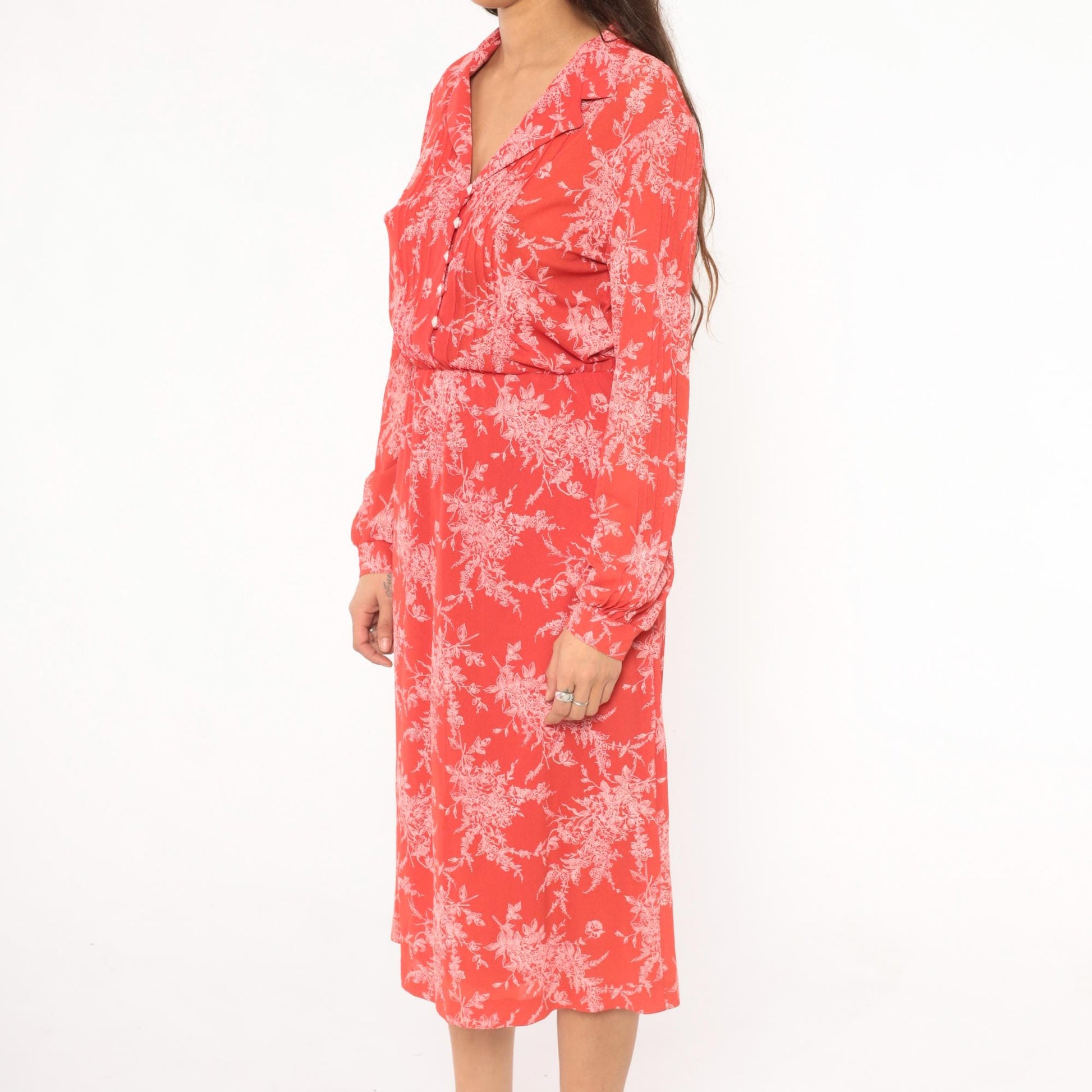 70s H Coral Floral Shirtdress Button Front Bishop Sleeves Midi Medium M