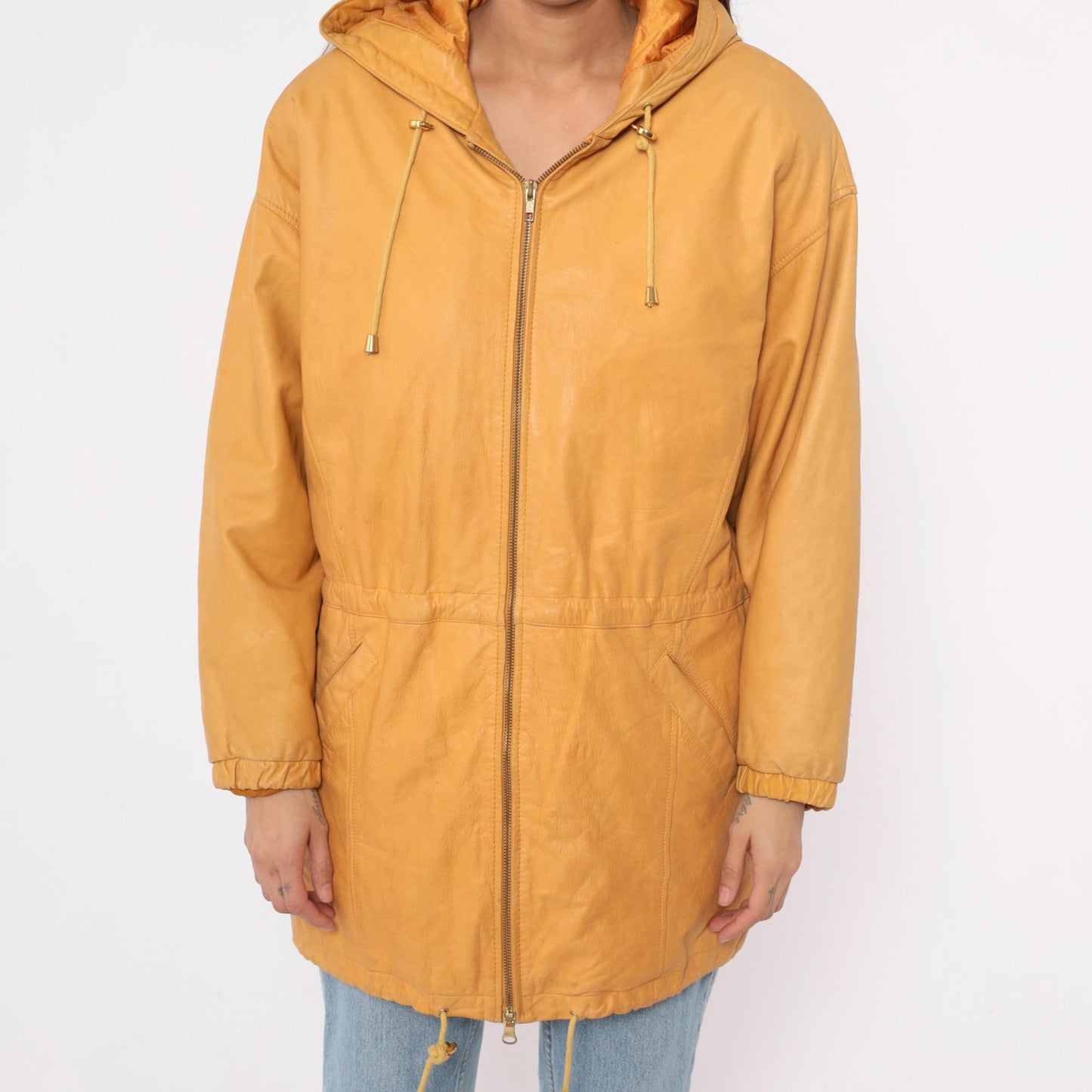 90s Wilsons Leather Hooded Jacket Mustard Yellow Zip Parka Medium M