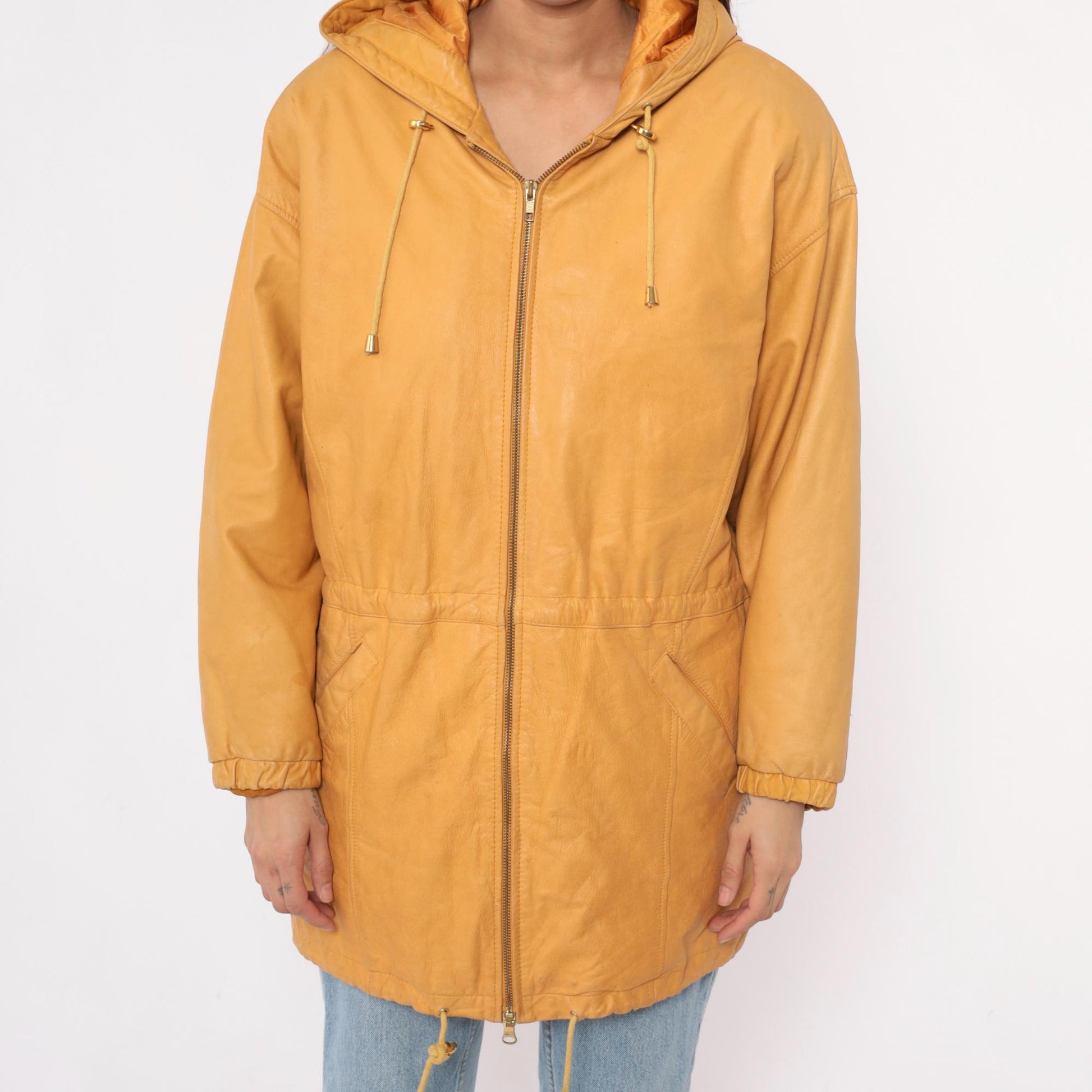 90s Wilsons Leather Hooded Jacket Mustard Yellow Zip Parka Medium M