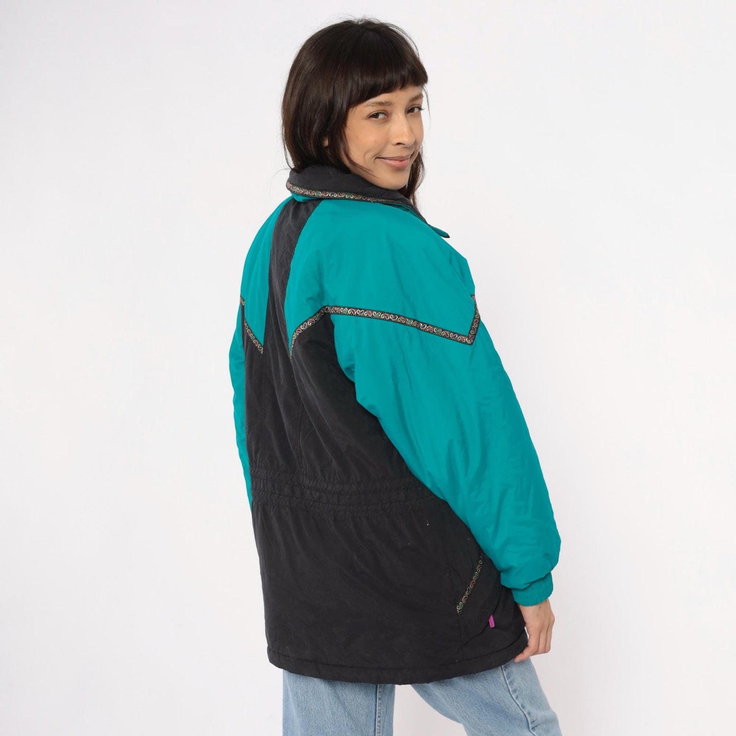 90s Colorblock Ski Jacket Teal Black Puffer Pink Zippers Small S
