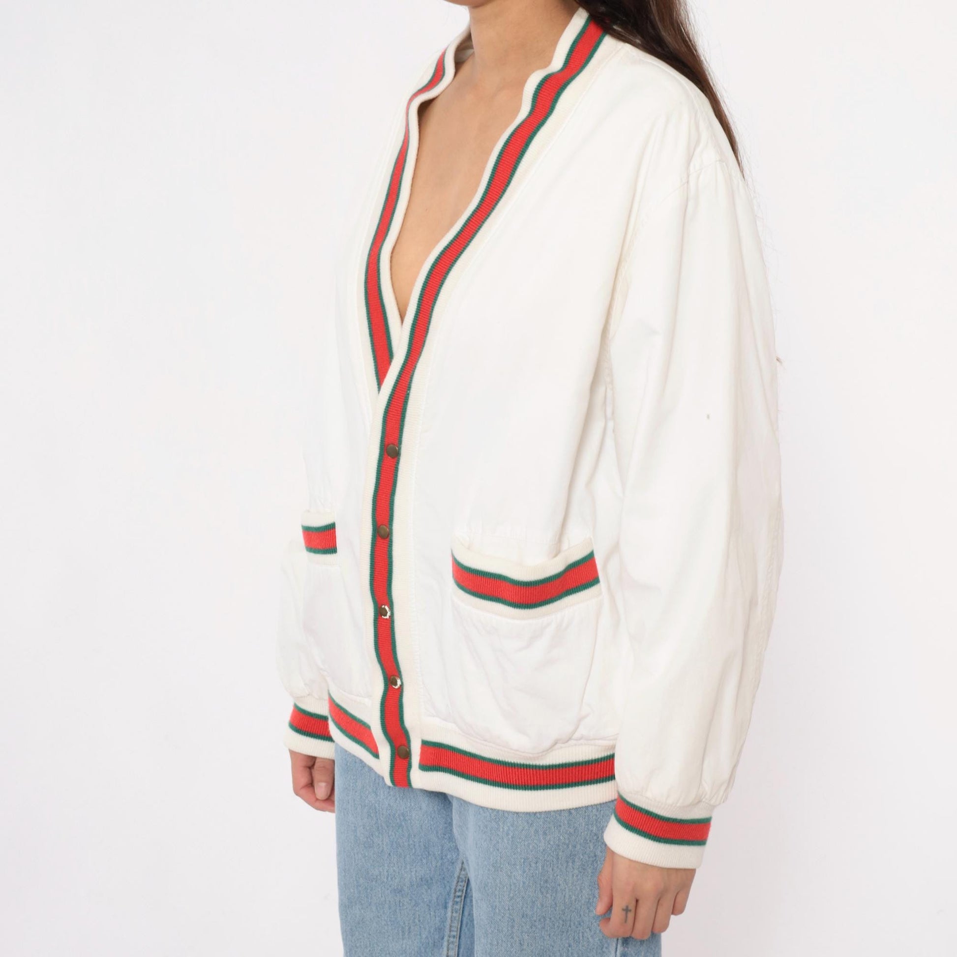 80s Cream Cardigan Red Green Striped Ribbed Trim Cotton Preppy Medium