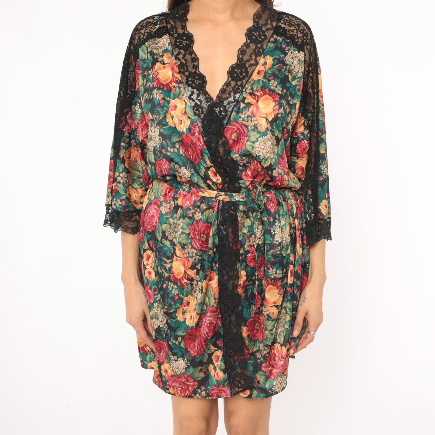 90s Sopre Lingerie Floral Wrap Robe Black Rose Print Lace Trim Plus Size 3X