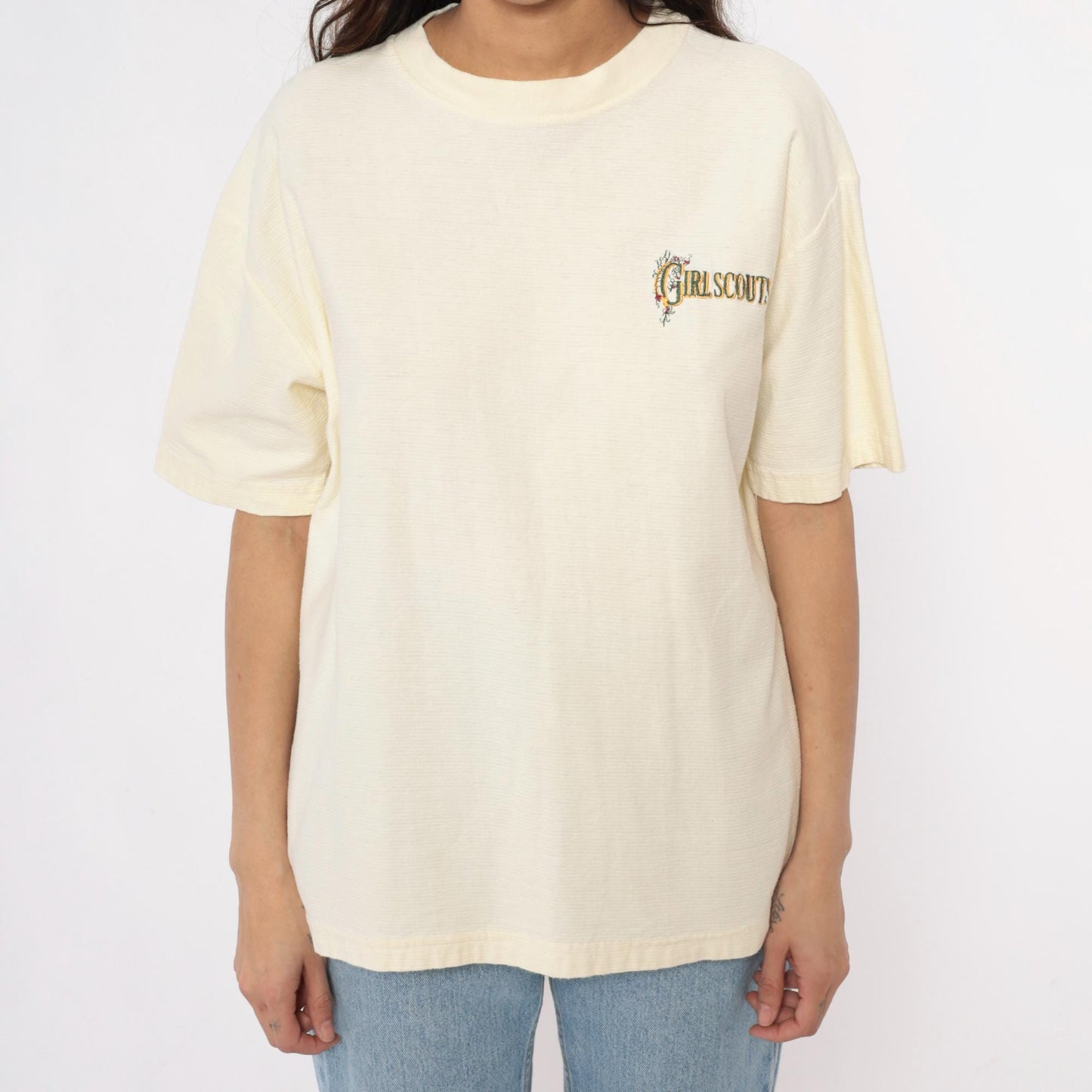 90s Girl Scouts Embroidered Logo Cotton Tee Cream Large L