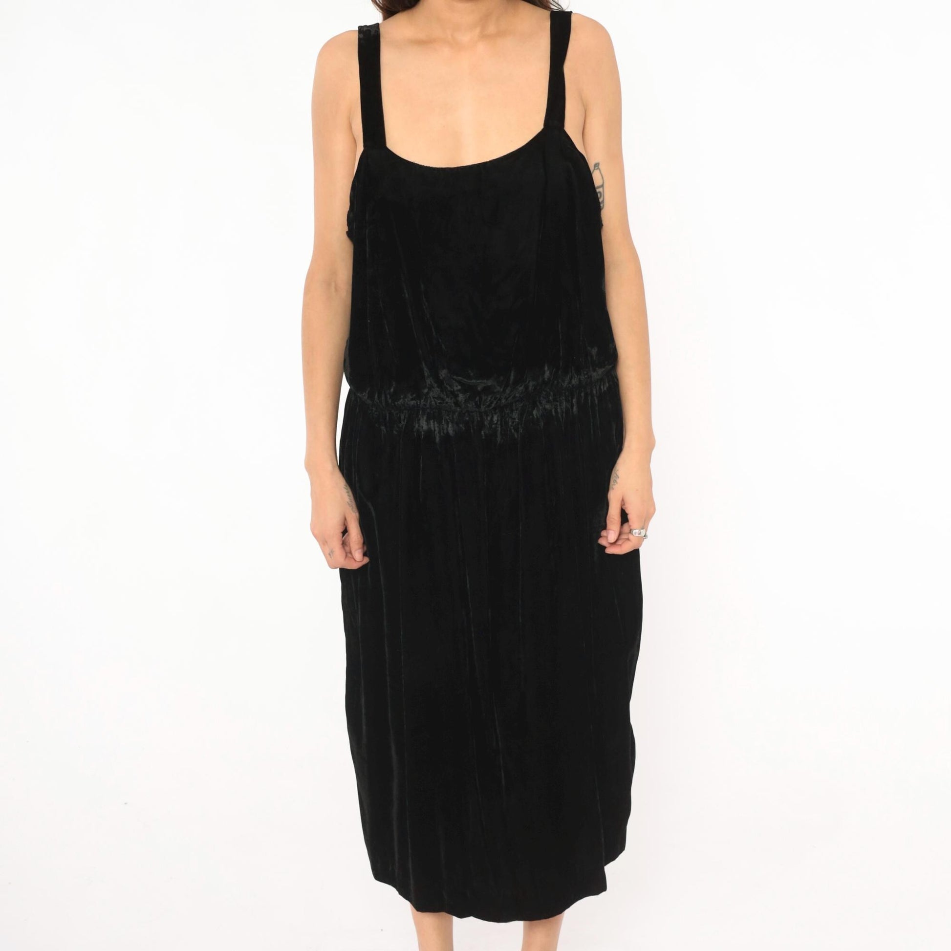 80s Black Velvet Sleeveless Dress Gathered Waist Scoop Neck Midi Large L