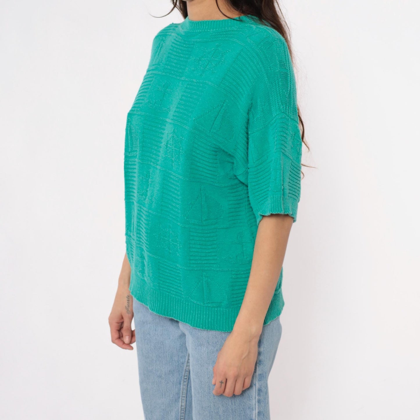 80s Turquoise Knit Sweater Short Sleeve Crew Neck Geometric Pattern Large L