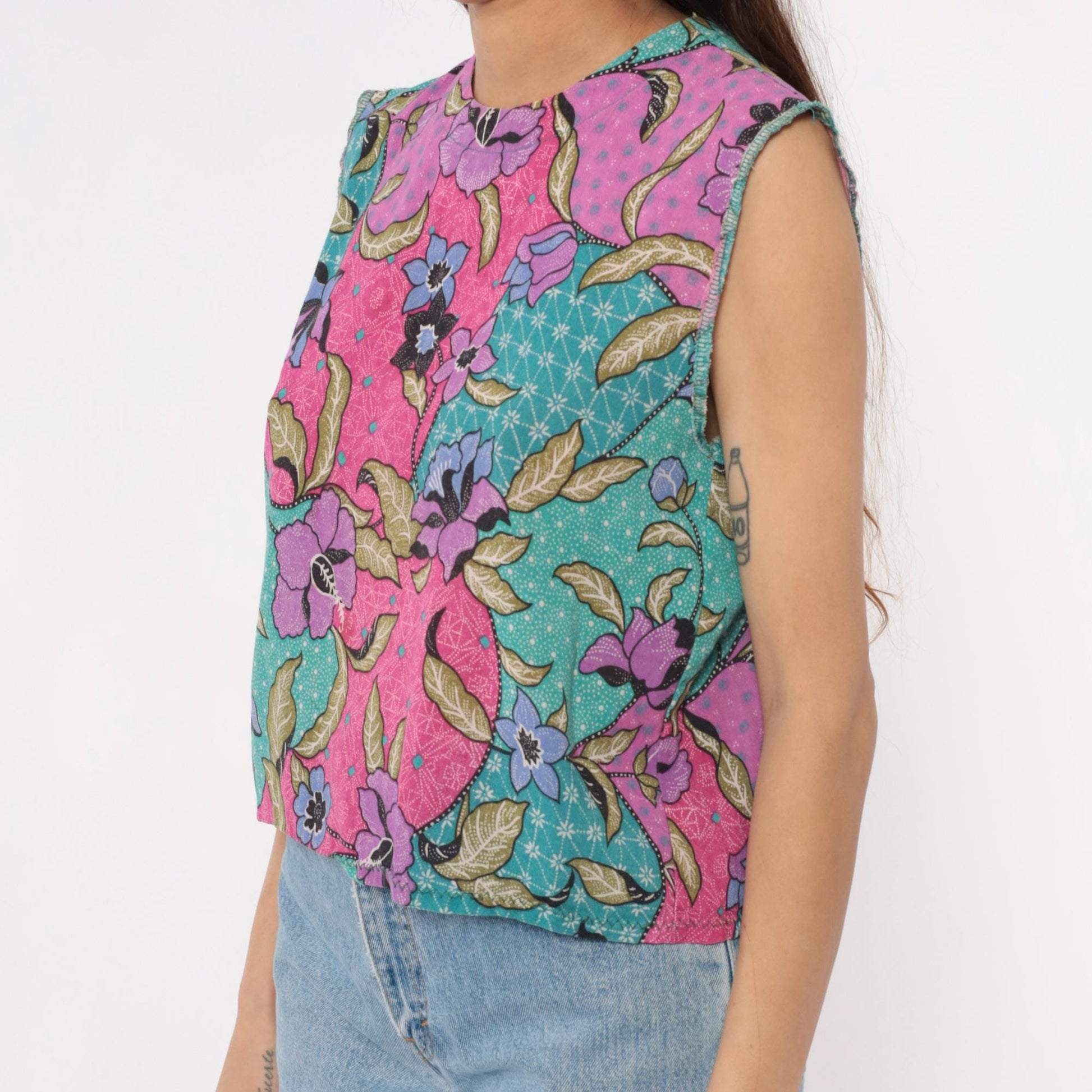 90s Floral Patchwork Tank Top Pink Purple Teal Sleeveless Shell Small