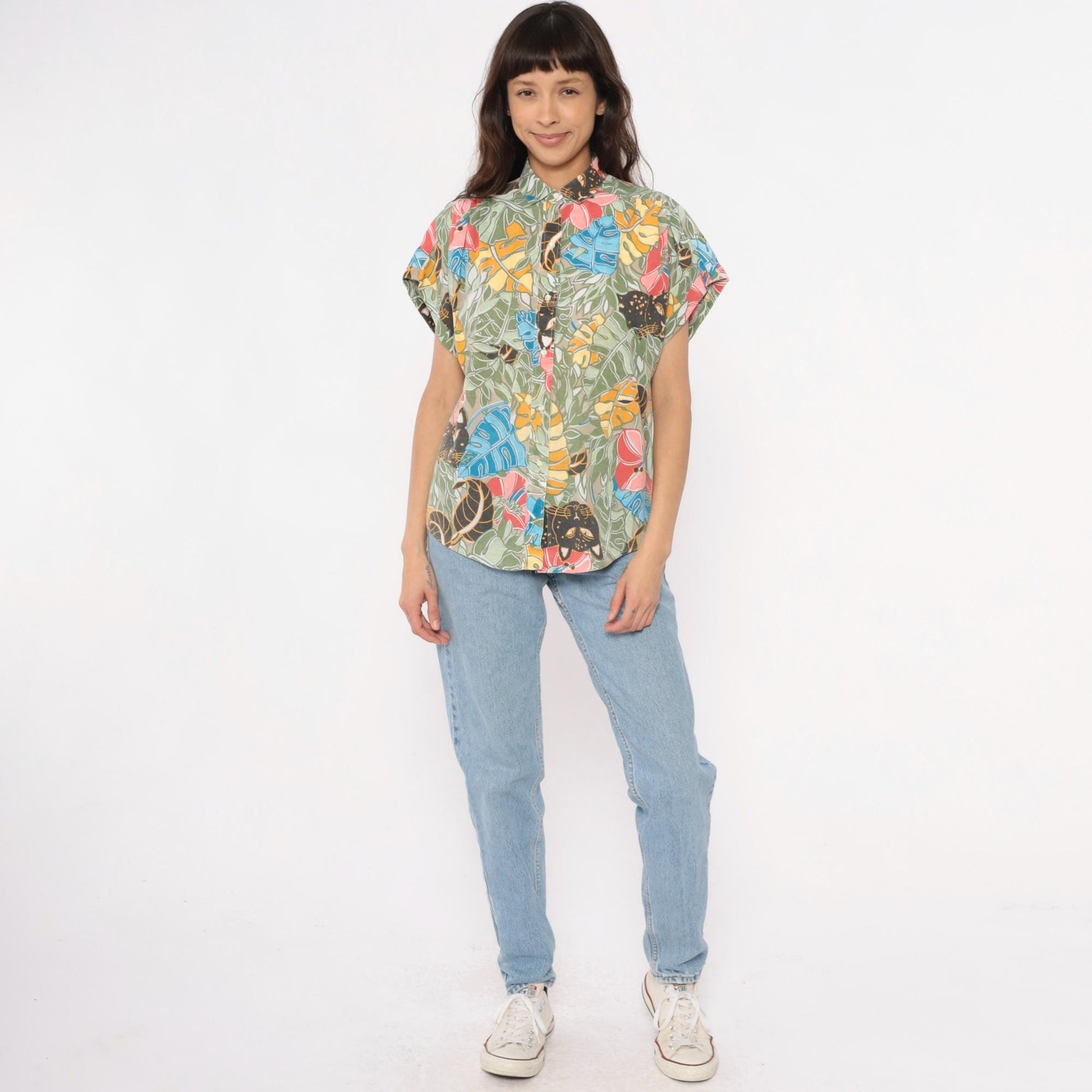 90s Black Panther Tropical Print Button-Up Shirt Monstera Leaf Multicolor Large L