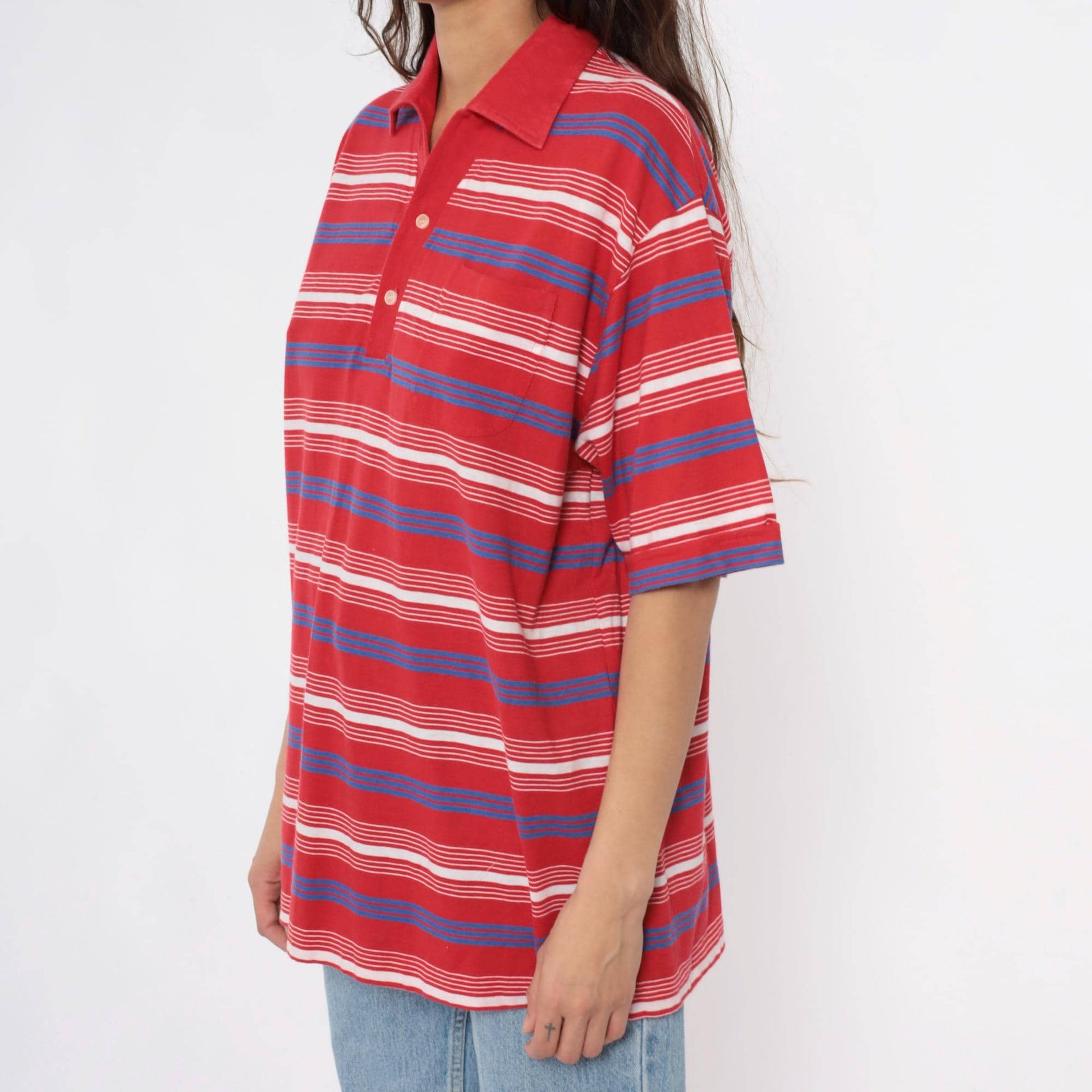 80s Red Striped Polo Shirt White Blue Horizontal Stripes Collared Extra Large XL