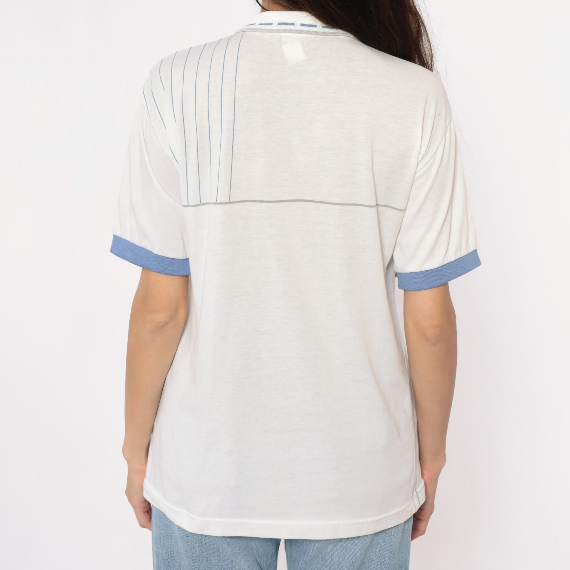 80s Jimmy Connors Slazenger Tennis Polo White Blue Stripe Geometric Medium