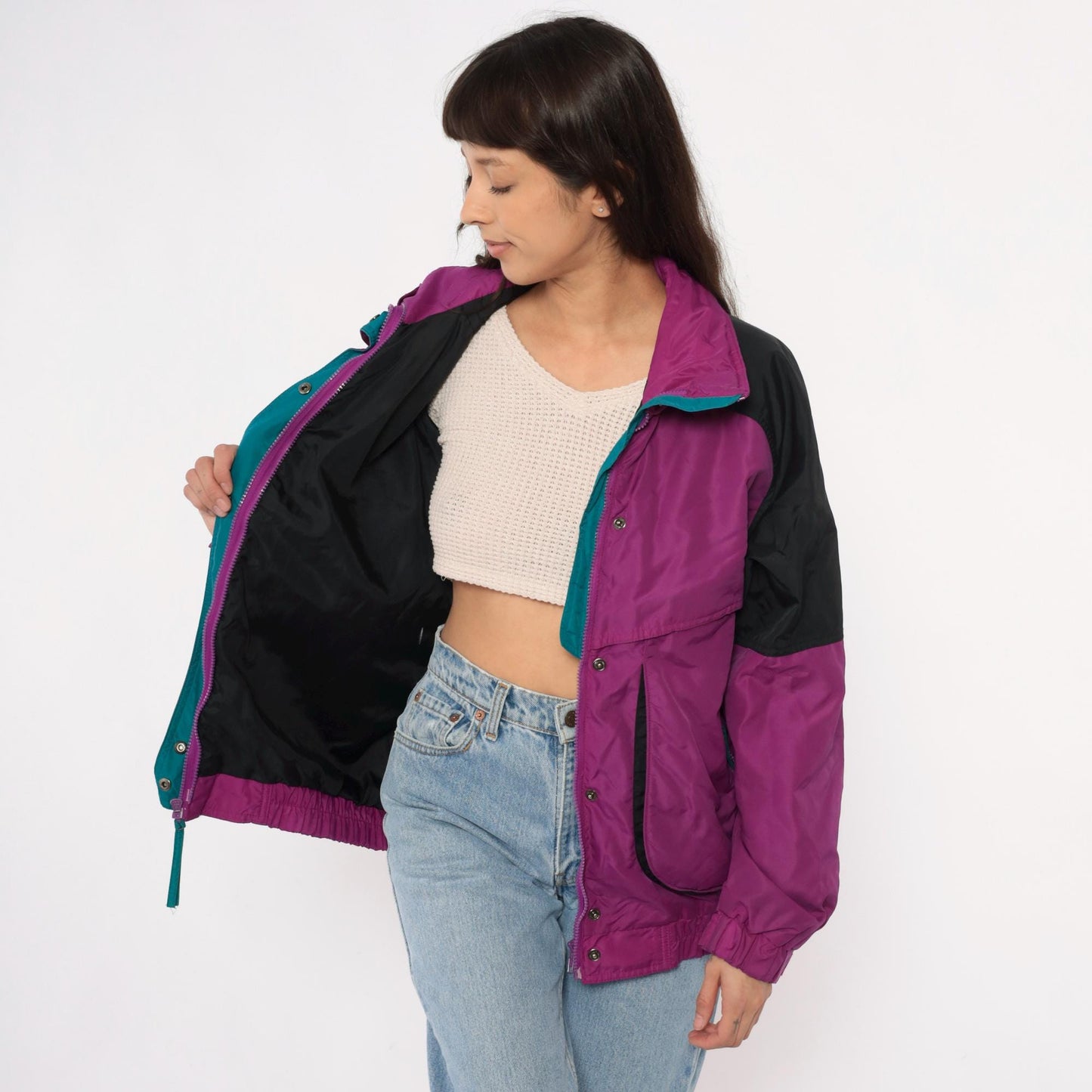 90s Columbia Magenta Windbreaker Colorblock Jacket Teal Trim Large L