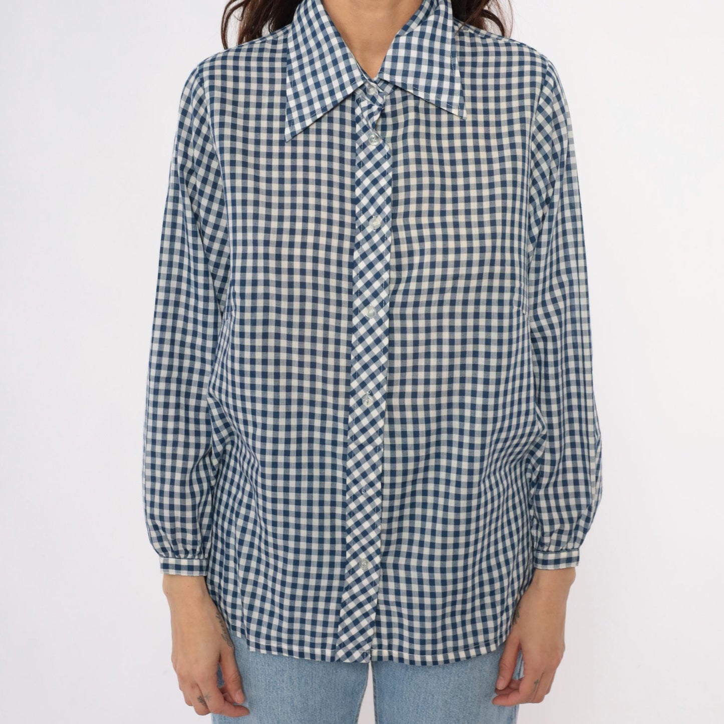 80s Lane Bryant Navy Gingham Check Button-Up Blouse Peter Pan Collar Plus Size XXL
