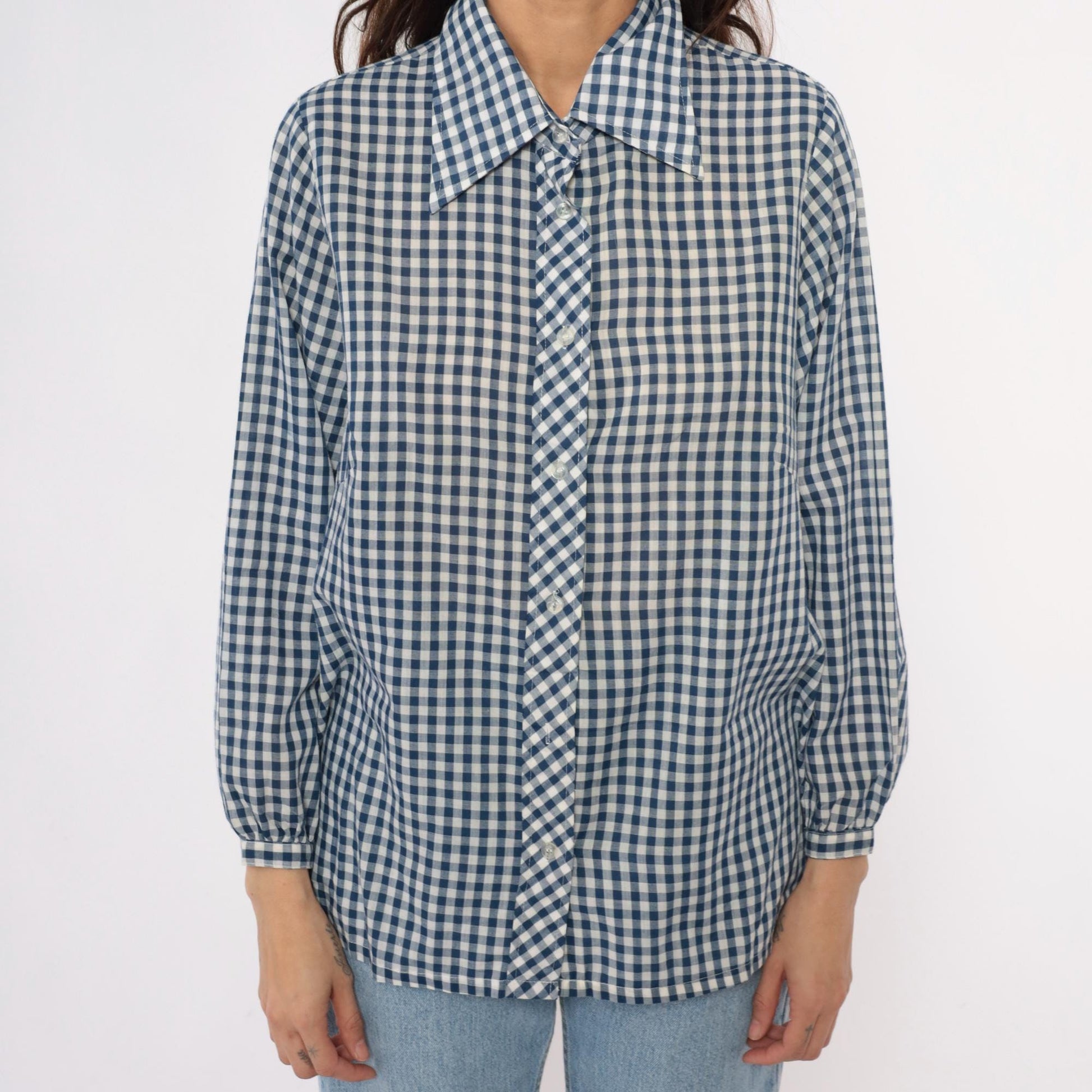80s Lane Bryant Navy Gingham Check Button-Up Blouse Peter Pan Collar Plus Size XXL