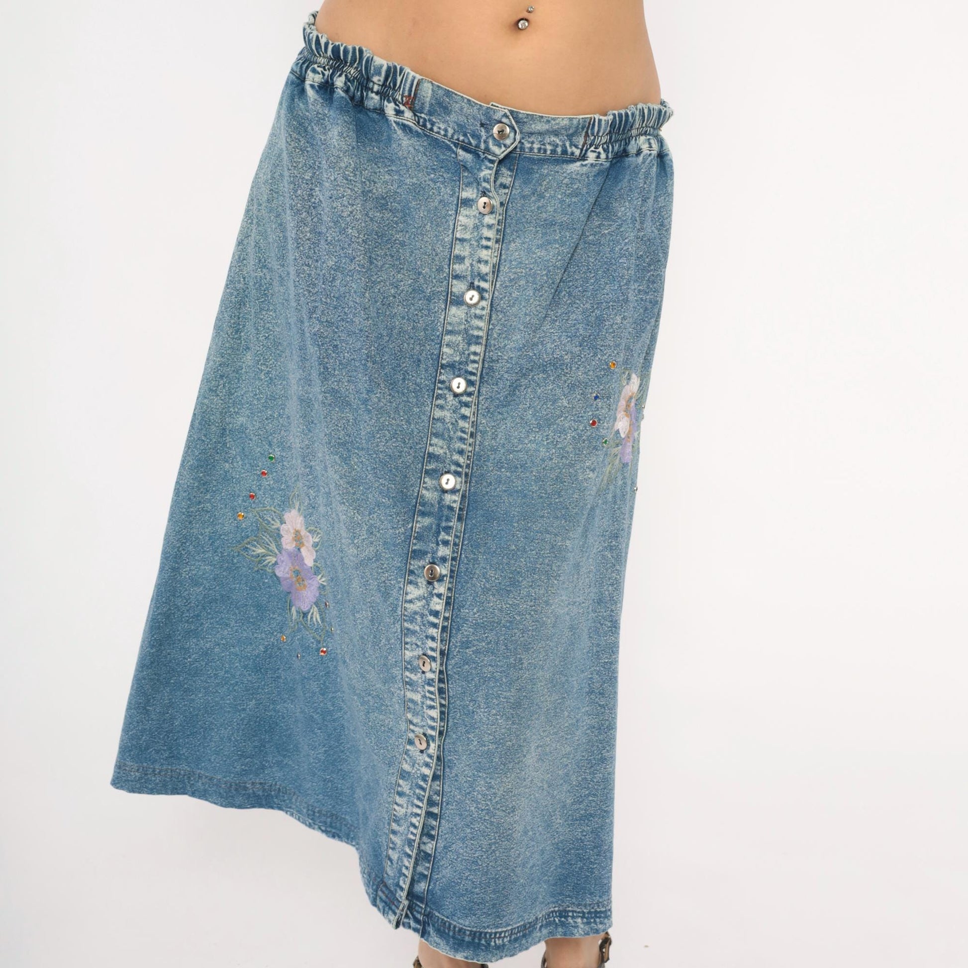 90s Carolina Bay Acid Wash Denim Midi Skirt Floral Embroidered Blue Extra Large XL