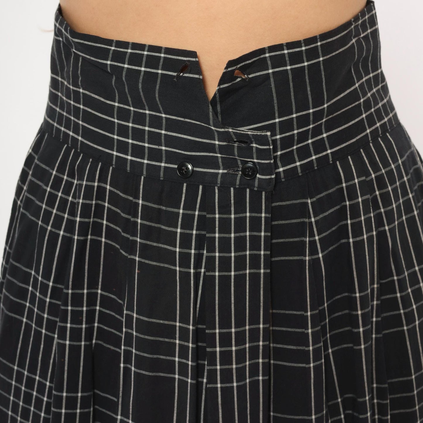 80s Heron Cove Casuals Windowpane Plaid Midi Skirt Black White Pleated Large L