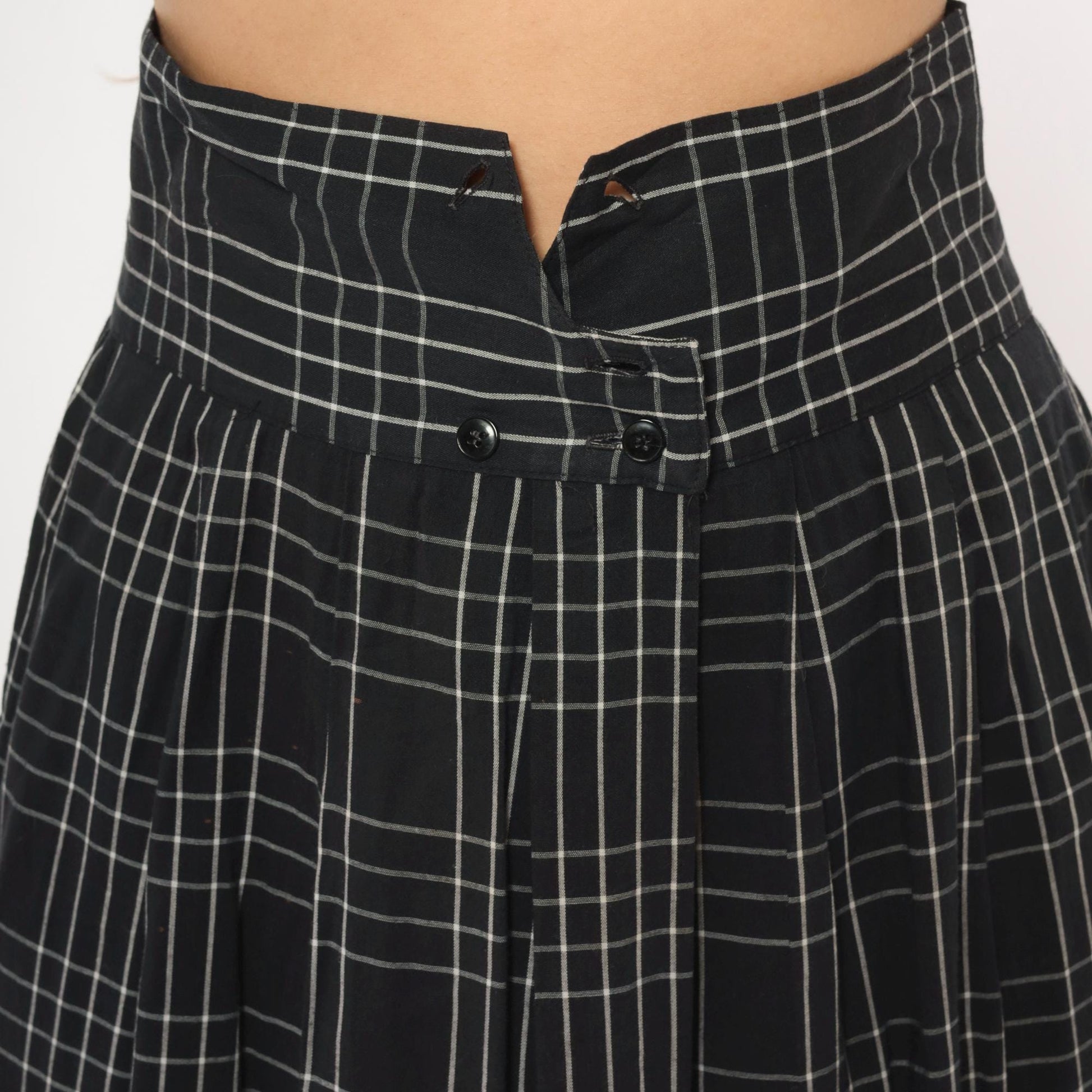 80s Heron Cove Casuals Windowpane Plaid Midi Skirt Black White Pleated Large L